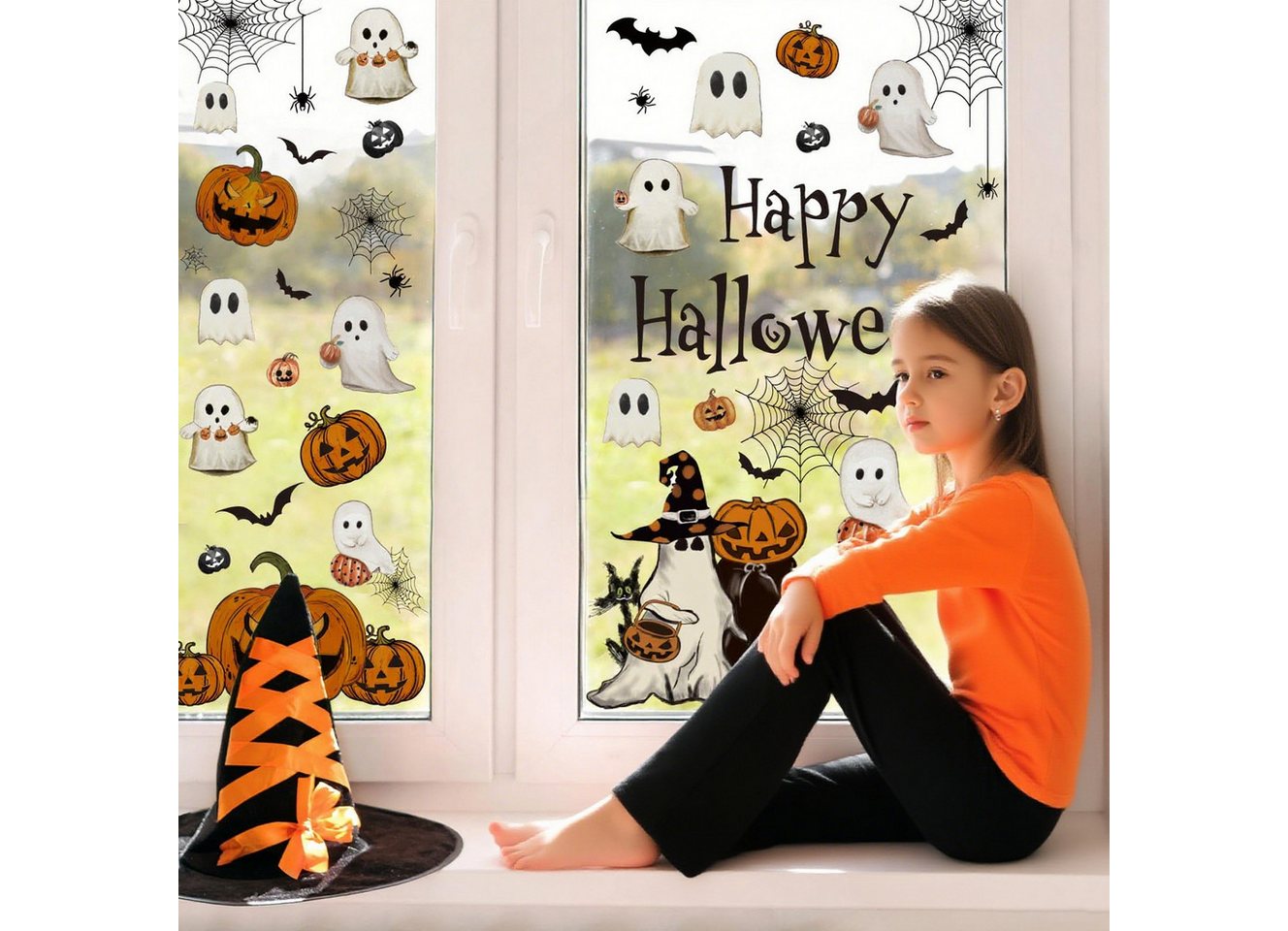 CLTYQ Fensterbild 6 Blatt Halloween Fensteraufkleber wiederverwendbare Fensterbilder, Vintage Geist, Böser Kürbis, Fledermaus, Glasdeko für Zuhause Bild 3