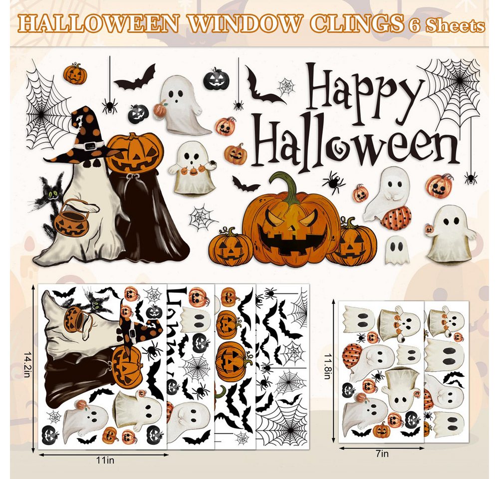 CLTYQ Fensterbild 6 Blatt Halloween Fensteraufkleber wiederverwendbare Fensterbilder, Vintage Geist, Böser Kürbis, Fledermaus, Glasdeko für Zuhause Bild 4