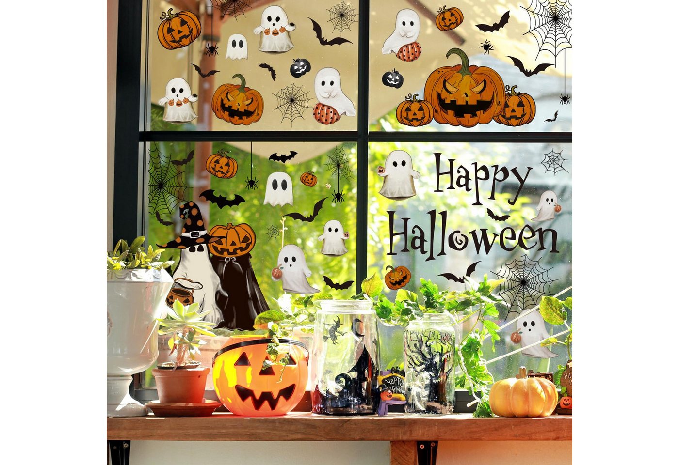 CLTYQ Fensterbild 6 Blatt Halloween Fensteraufkleber wiederverwendbare Fensterbilder, Vintage Geist, Böser Kürbis, Fledermaus, Glasdeko für Zuhause Bild 5