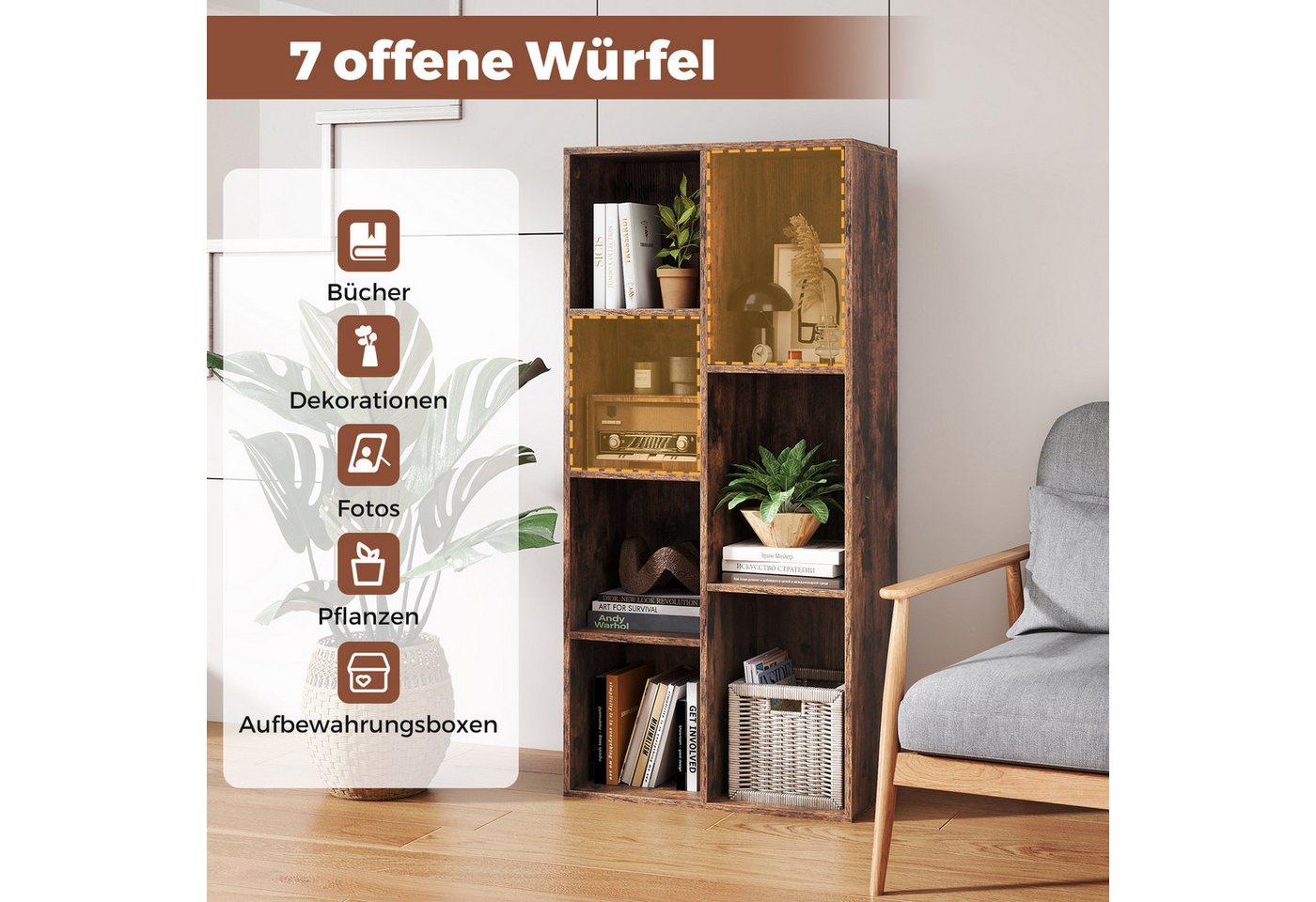 COSTWAY Bücherregal, 7-Würfel-Würfelregal mit 7 Fächern, 2 Kippschutz-Sets