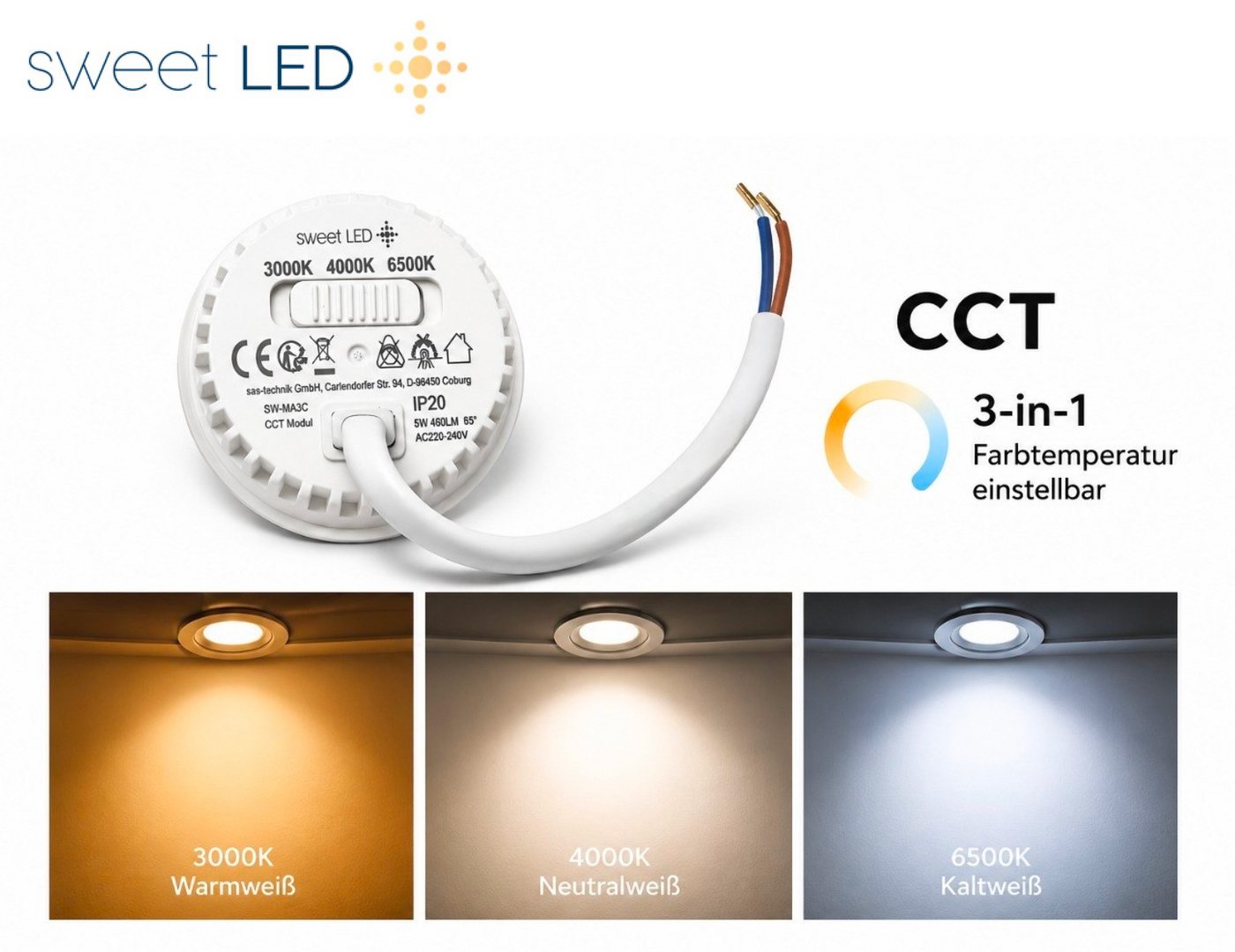 Sweet LED LED Aufbaustrahler 6er Set flach 5W CCT (3000K/4000K/6500K) Spots schwenkbar 230V weiß, schwenkbar, LED wechselbar, warmweiß, neutralweiß, kaltweiß, flach, schwenkbar, CCT, LED Deckenstrahler