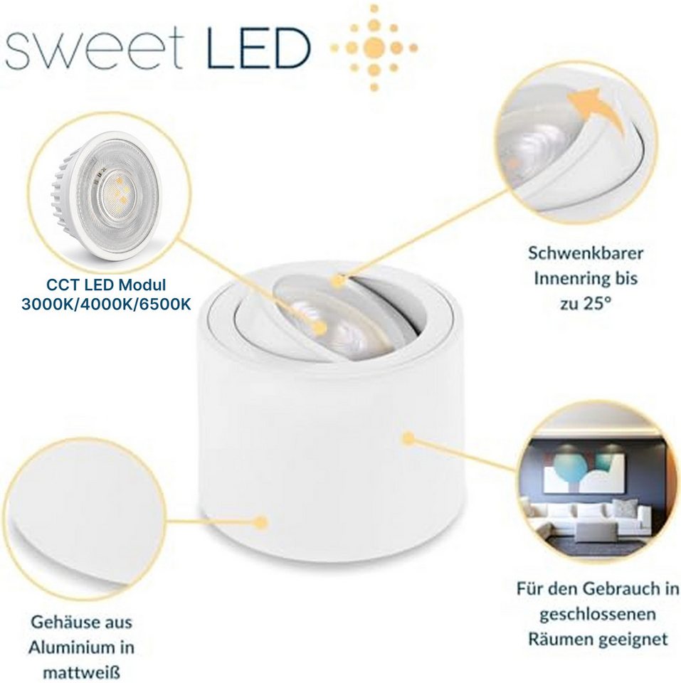 Sweet LED LED Aufbaustrahler 6er Set flach 5W CCT (3000K/4000K/6500K) Spots schwenkbar 230V weiß, schwenkbar, LED wechselbar, warmweiß, neutralweiß, kaltweiß, flach, schwenkbar, CCT, LED Deckenstrahler Bild 5