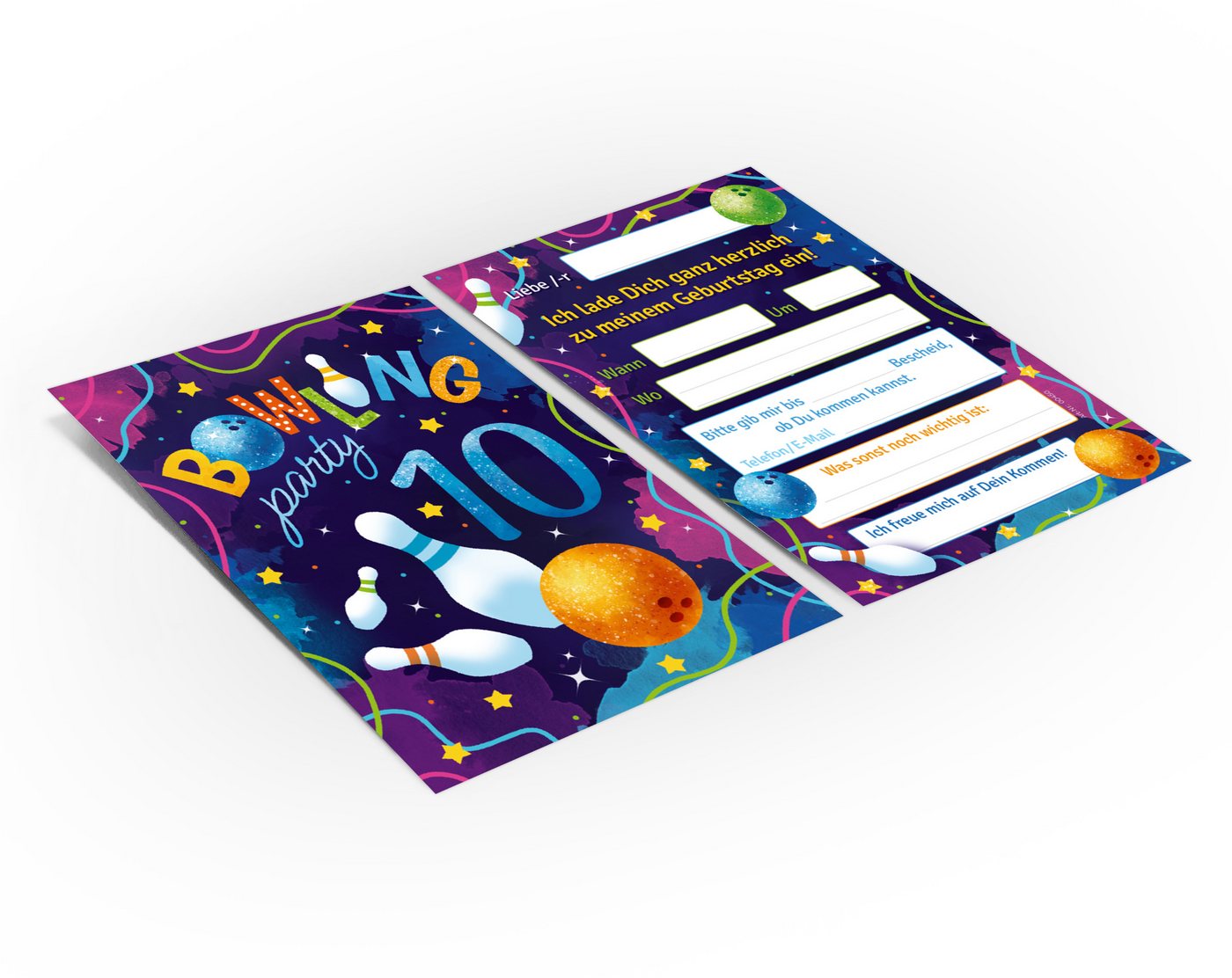 JUNAPACK Einladungskarten Bowling zum 10. Kindergeburtstag Jungen Mädchen Einladungen Kegeln, Einladungskarten zum 10. Geburtstag Bowling Bild 2