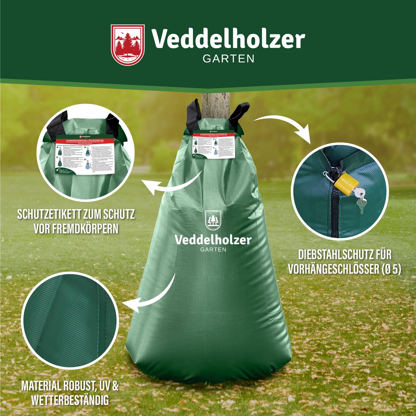 Veddelholzer Bewässerungssystem 12 x 75l Baumbewässerungssack Reißverschluss Diebstahlschutz, (Miteinander Kombinierbar durch Reißverschluss, 12 mal 75 Liter), Robust und wetterbeständig für Bäume, Jungbäume und Sträucher.