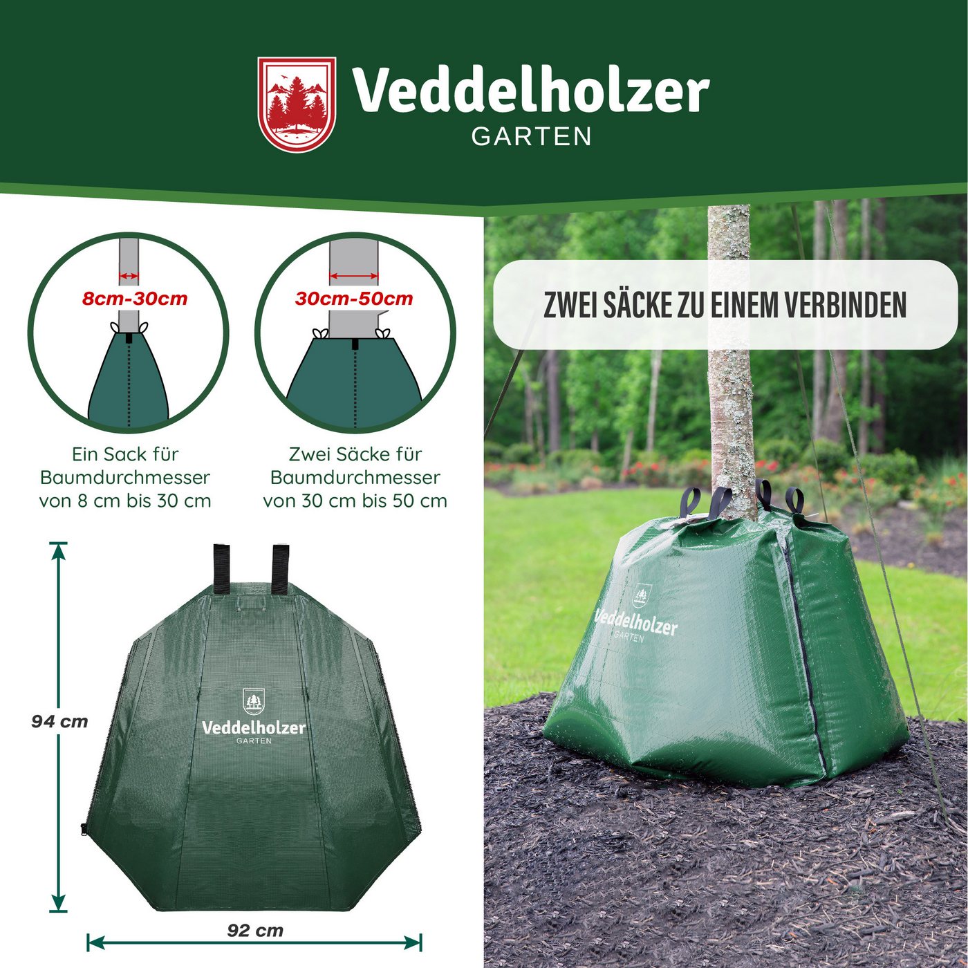Veddelholzer Bewässerungssystem 12 x 75l Baumbewässerungssack Reißverschluss Diebstahlschutz, (Miteinander Kombinierbar durch Reißverschluss, 12 mal 75 Liter), Robust und wetterbeständig für Bäume, Jungbäume und Sträucher. Bild 2
