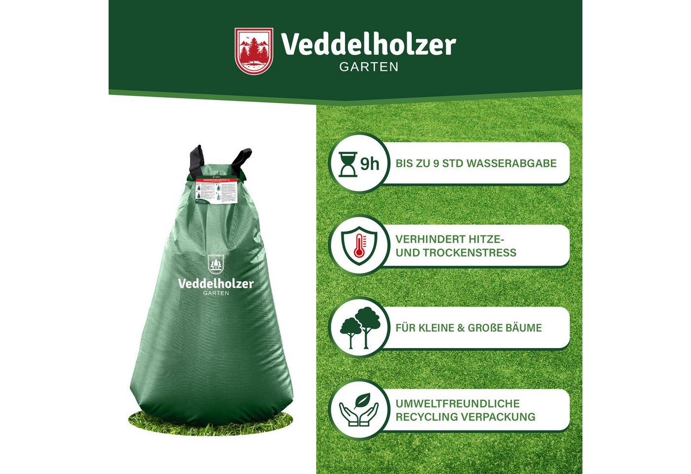 Veddelholzer Bewässerungssystem 12 x 75l Baumbewässerungssack Reißverschluss Diebstahlschutz, (Miteinander Kombinierbar durch Reißverschluss, 12 mal 75 Liter), Robust und wetterbeständig für Bäume, Jungbäume und Sträucher. Bild 5