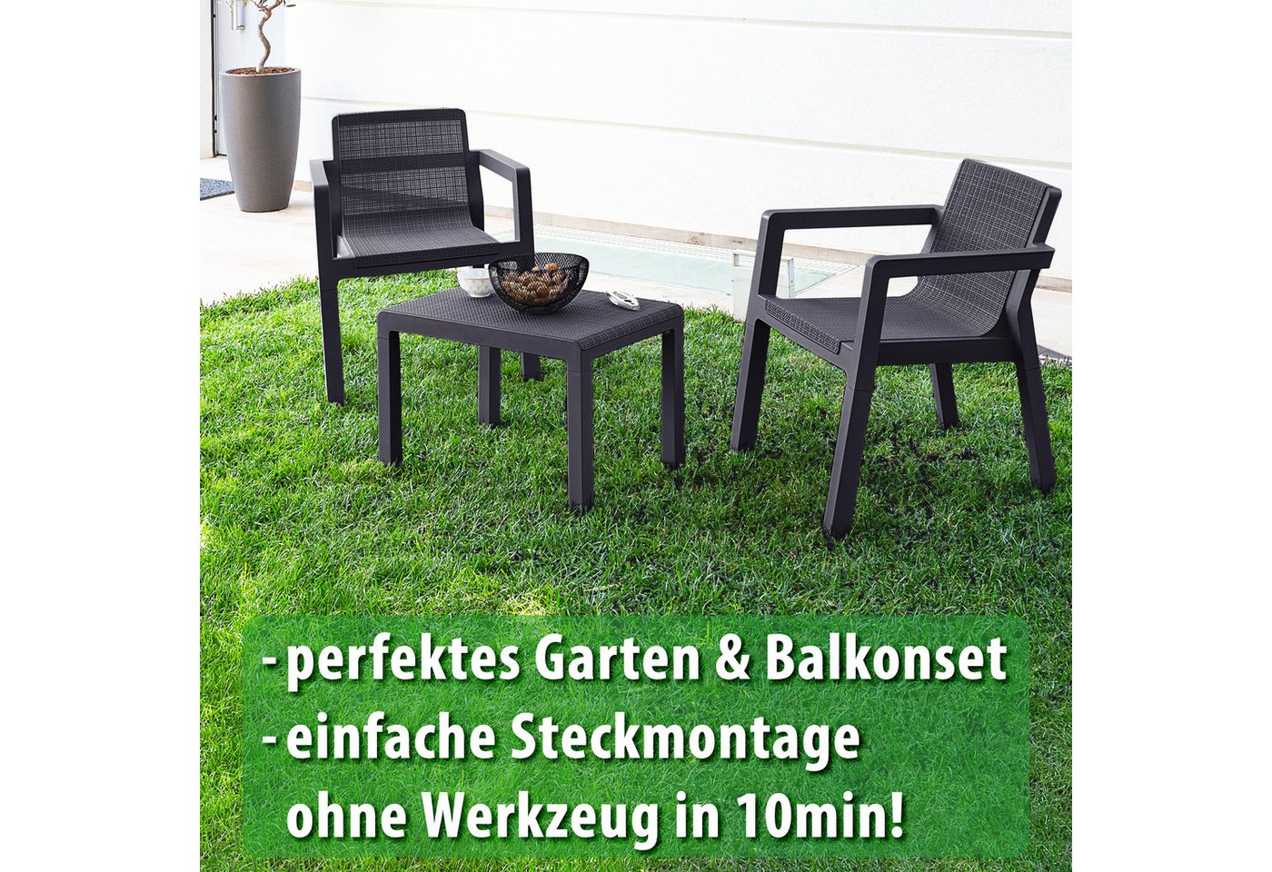 ONDIS24 Gartenlounge-Set Riviera Balkonmöbel Set Gartenmöbel Set 2 Sessel mit Tisch, (3-tlg), in Jute Optik aus UV-& wetterbeständigen Kunststoff