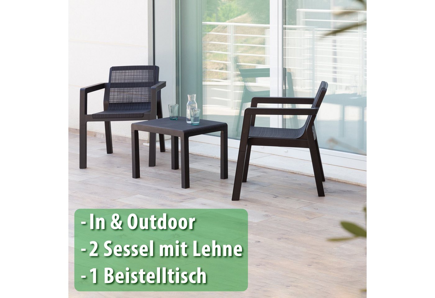 ONDIS24 Gartenlounge-Set Riviera Balkonmöbel Set Gartenmöbel Set 2 Sessel mit Tisch, (3-tlg), in Jute Optik aus UV-& wetterbeständigen Kunststoff Bild 2