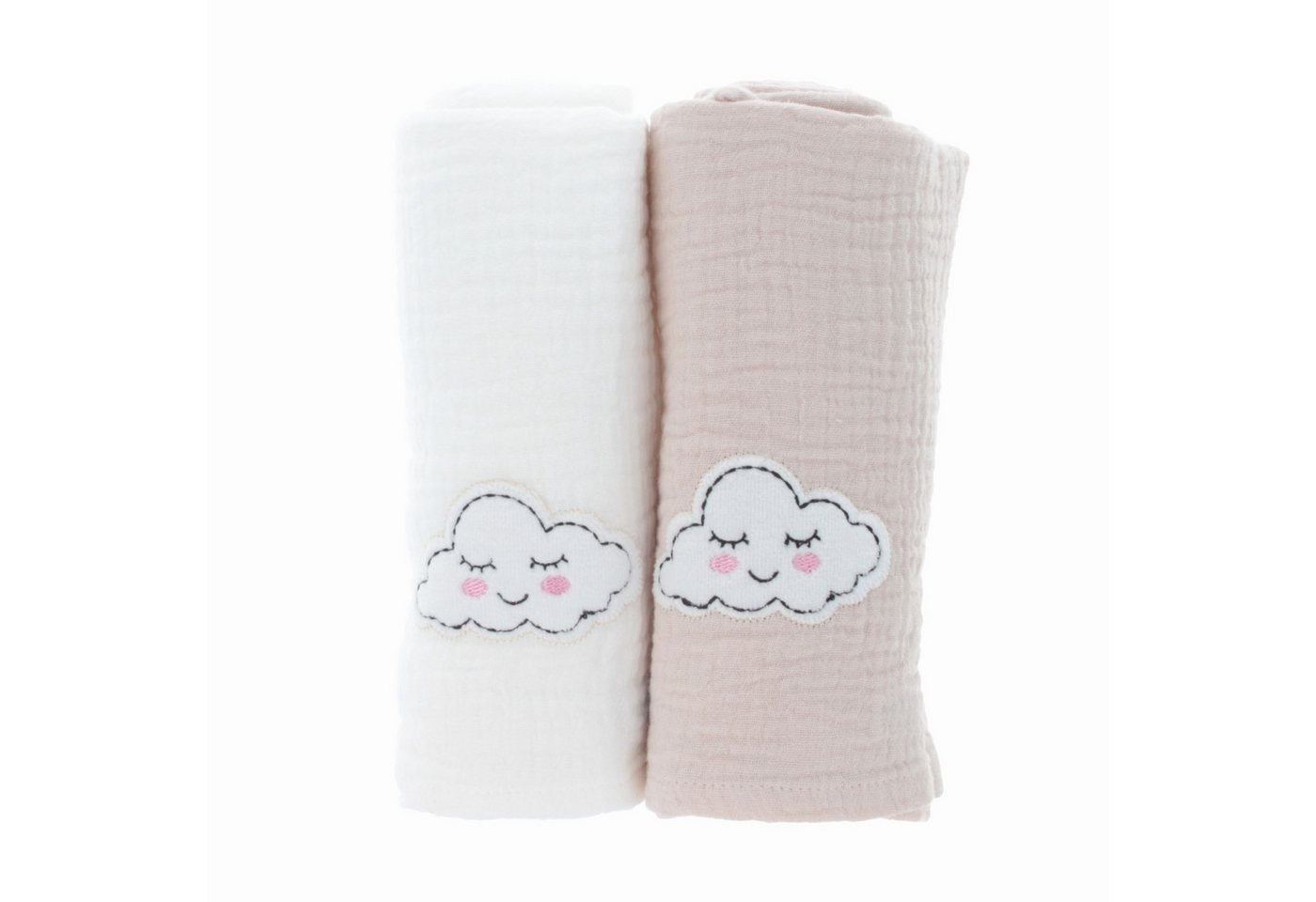 PARSA Beauty Badetücher Baby Mulltücher aus Musselin, 2er-Set in Beige & Weiß mit Wölkchen