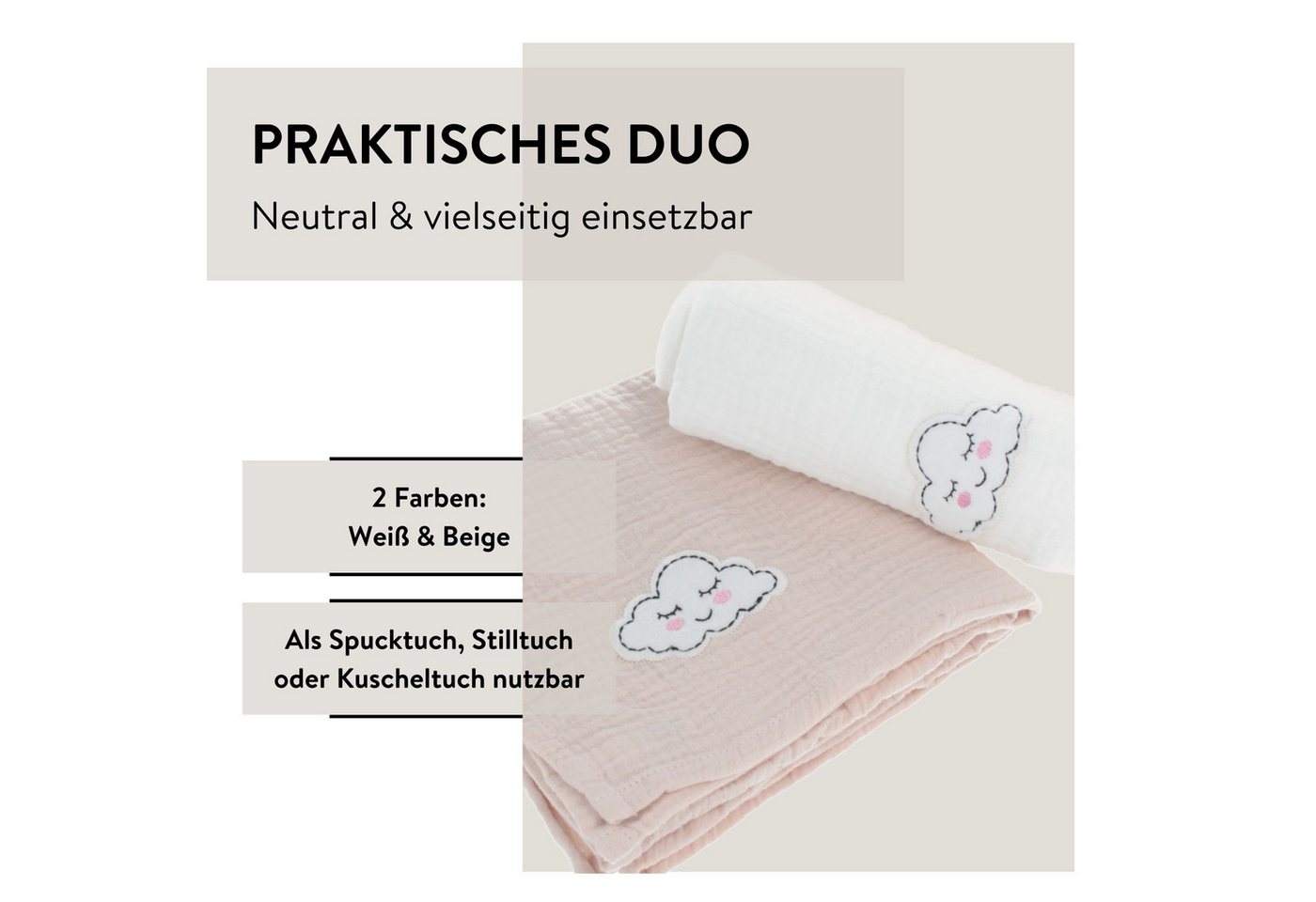 PARSA Beauty Badetücher Baby Mulltücher aus Musselin, 2er-Set in Beige & Weiß mit Wölkchen Bild 2