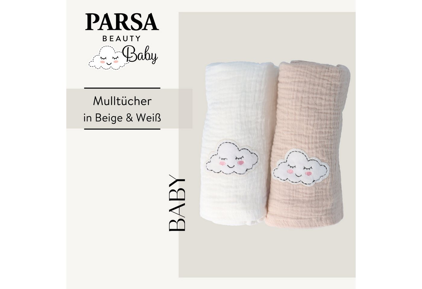PARSA Beauty Badetücher Baby Mulltücher aus Musselin, 2er-Set in Beige & Weiß mit Wölkchen Bild 4