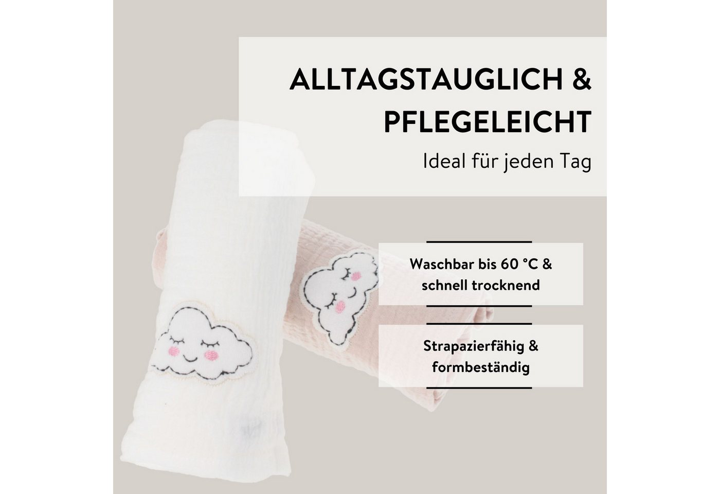 PARSA Beauty Badetücher Baby Mulltücher aus Musselin, 2er-Set in Beige & Weiß mit Wölkchen Bild 5