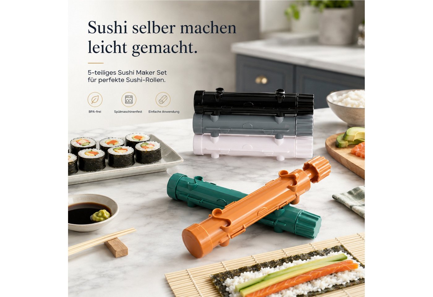 Jumpeak Sushi-Roller Sushi Maker Set,Sushi Bazooka,Sushi Matte,9 Farben,Handgefertigt, (Spar-Set), Anfänger,27,2x5,5cm,Sushi Zubehör,Sushi Roller,PP,leicht zu reinigen Bild 4