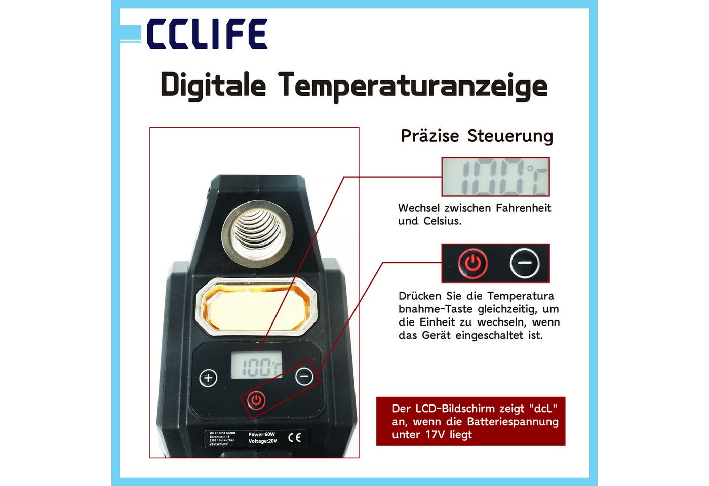 CCLIFE Lötpistole CCLIFE 60W Loetkolben passend fuer Makita DeWalt Akku LED Display Bild 2