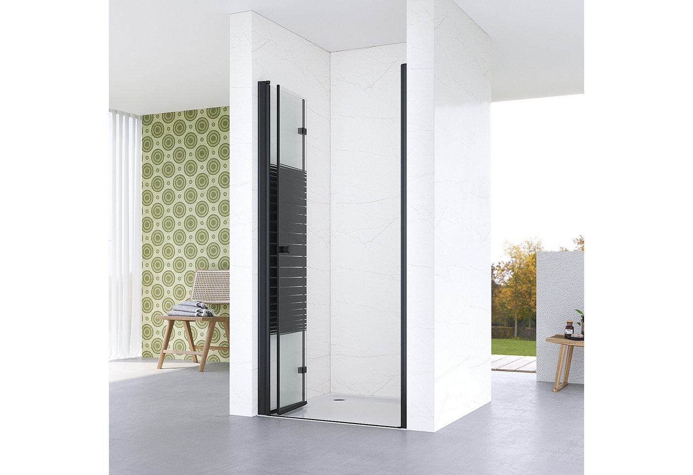 AQUALAVOS Dusch-Falttür Nischenduschtür mit platzsparender Falttür Schwarz matt Streifendekor, 70x187 cm, 5 mm ESG Sicherheitsglas nach DIN EN 12150, 15 mm Wandausgleich Aluminiumprofile Beidseitig öffnend Barrierefrei