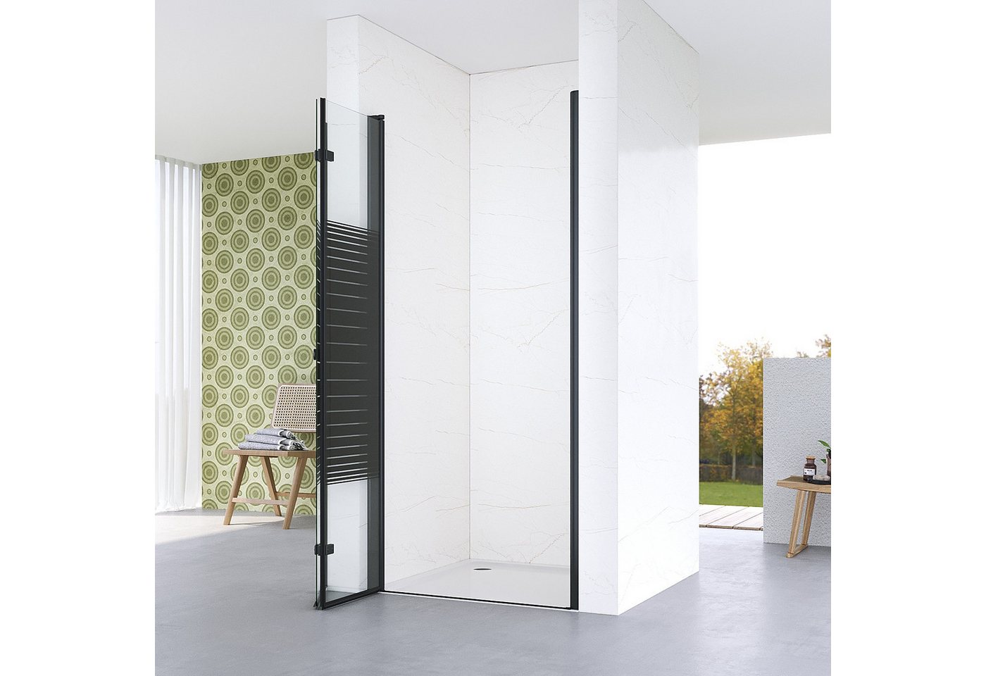 AQUALAVOS Dusch-Falttür Nischenduschtür mit platzsparender Falttür Schwarz matt Streifendekor, 70x187 cm, 5 mm ESG Sicherheitsglas nach DIN EN 12150, 15 mm Wandausgleich Aluminiumprofile Beidseitig öffnend Barrierefrei Bild 2