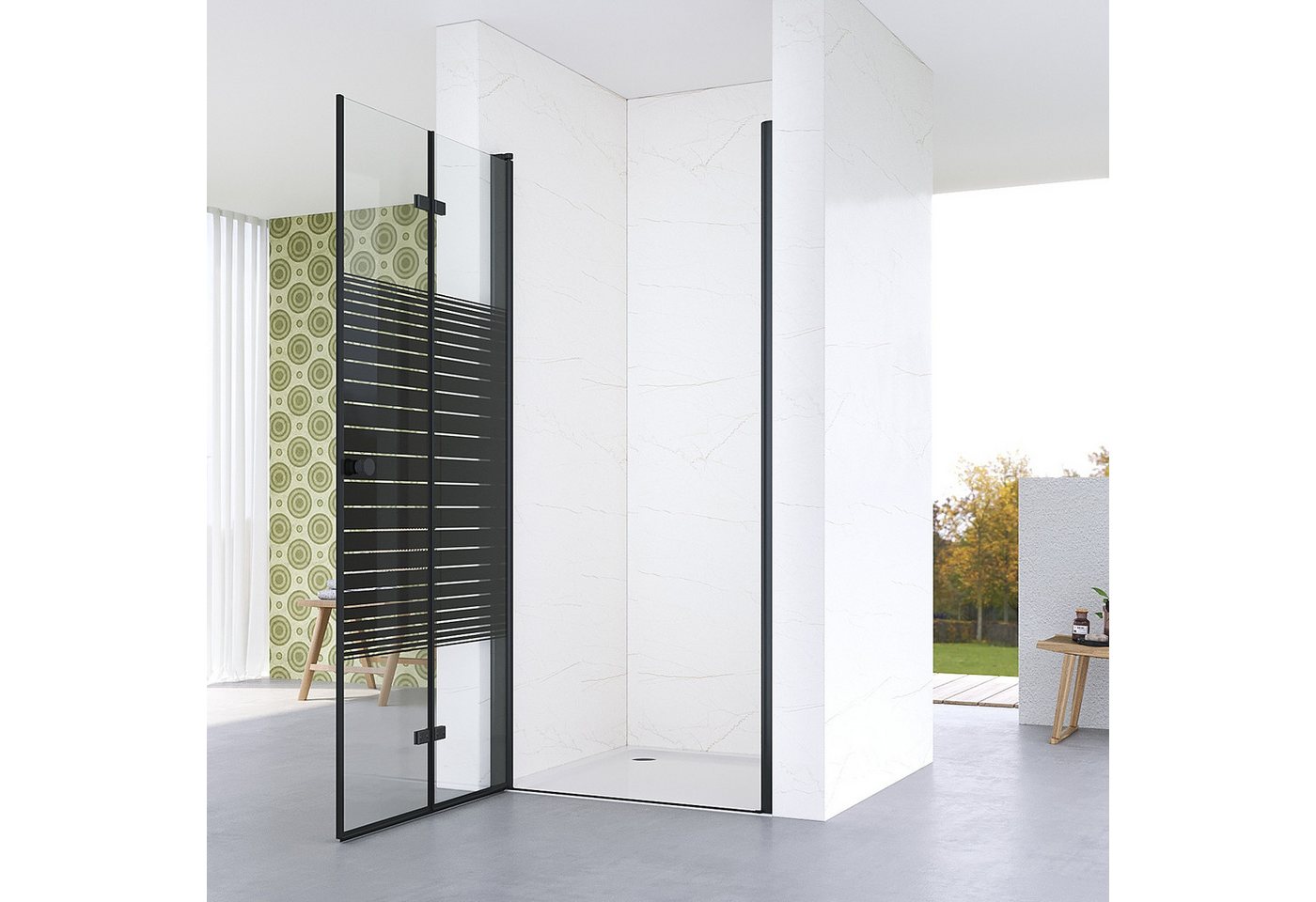 AQUALAVOS Dusch-Falttür Nischenduschtür mit platzsparender Falttür Schwarz matt Streifendekor, 70x187 cm, 5 mm ESG Sicherheitsglas nach DIN EN 12150, 15 mm Wandausgleich Aluminiumprofile Beidseitig öffnend Barrierefrei Bild 3