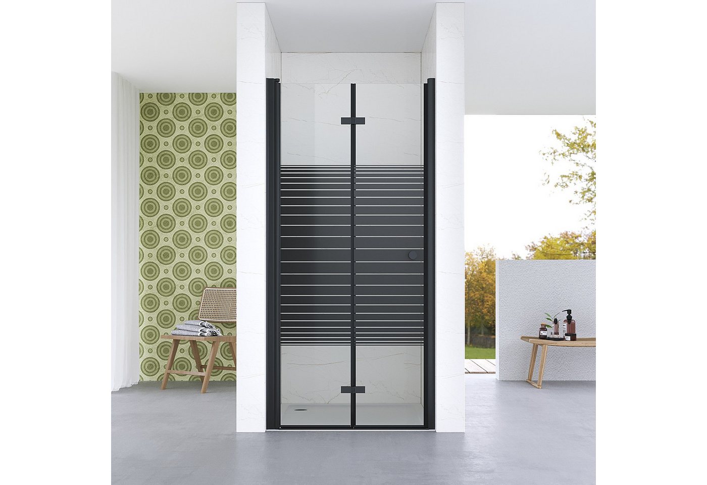 AQUALAVOS Dusch-Falttür Nischenduschtür mit platzsparender Falttür Schwarz matt Streifendekor, 70x187 cm, 5 mm ESG Sicherheitsglas nach DIN EN 12150, 15 mm Wandausgleich Aluminiumprofile Beidseitig öffnend Barrierefrei Bild 4