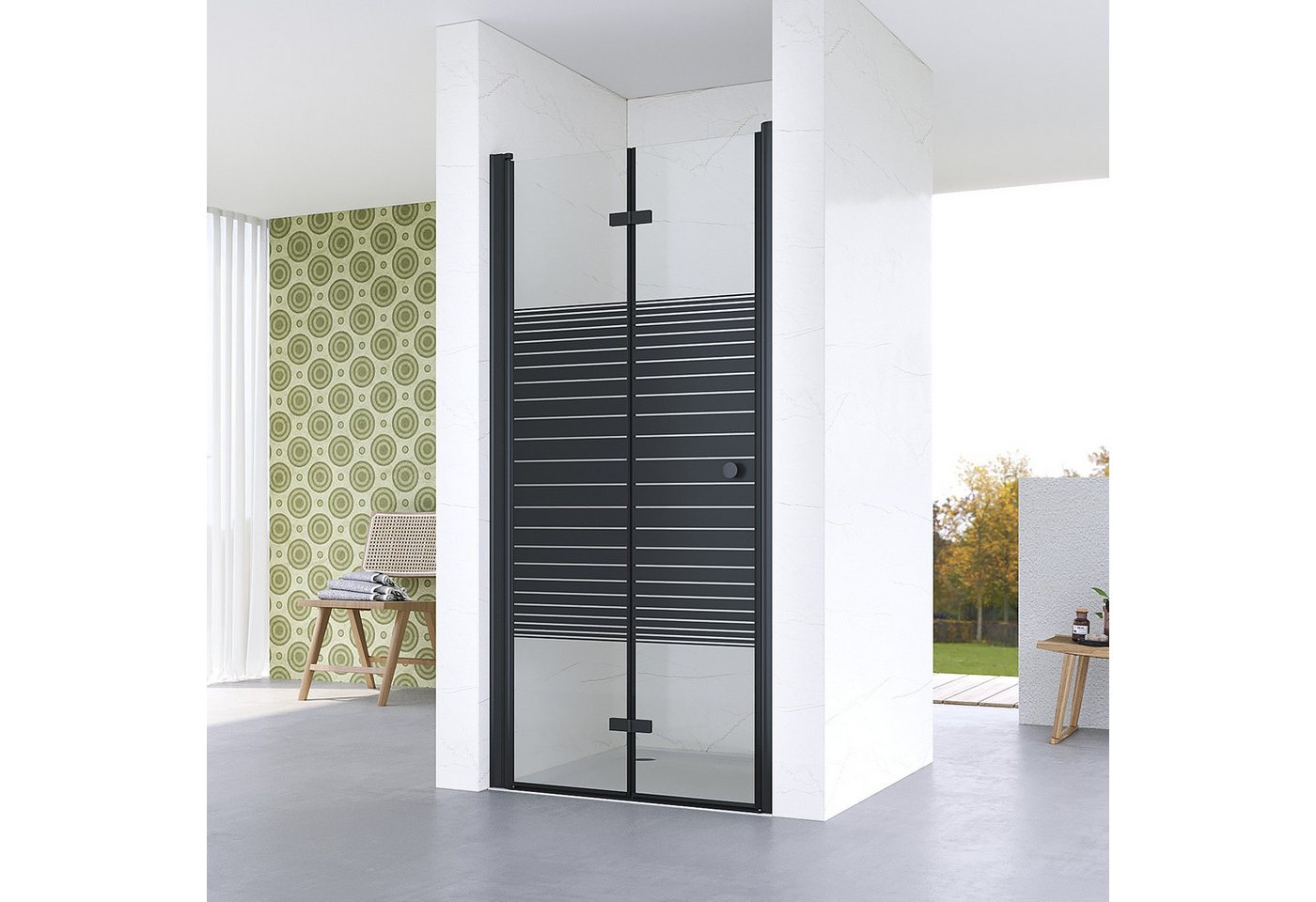 AQUALAVOS Dusch-Falttür Nischenduschtür mit platzsparender Falttür Schwarz matt Streifendekor, 70x187 cm, 5 mm ESG Sicherheitsglas nach DIN EN 12150, 15 mm Wandausgleich Aluminiumprofile Beidseitig öffnend Barrierefrei Bild 5