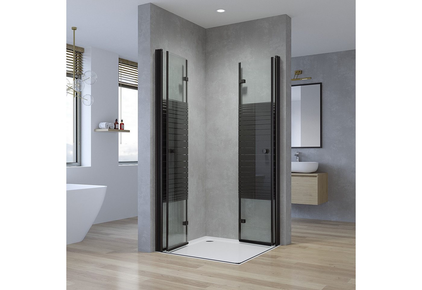 AQUALAVOS Eckdusche Duschkabine Ecke Schwarz mit Pendeltüren Klappbar Streifendekor Dusche, BxT: 70x70 cm, 5 mm ESG-Sicherheitsglas, Modernes Loft-Design 15 mm großer Verstellbereich Heb-/Senk-Funktion