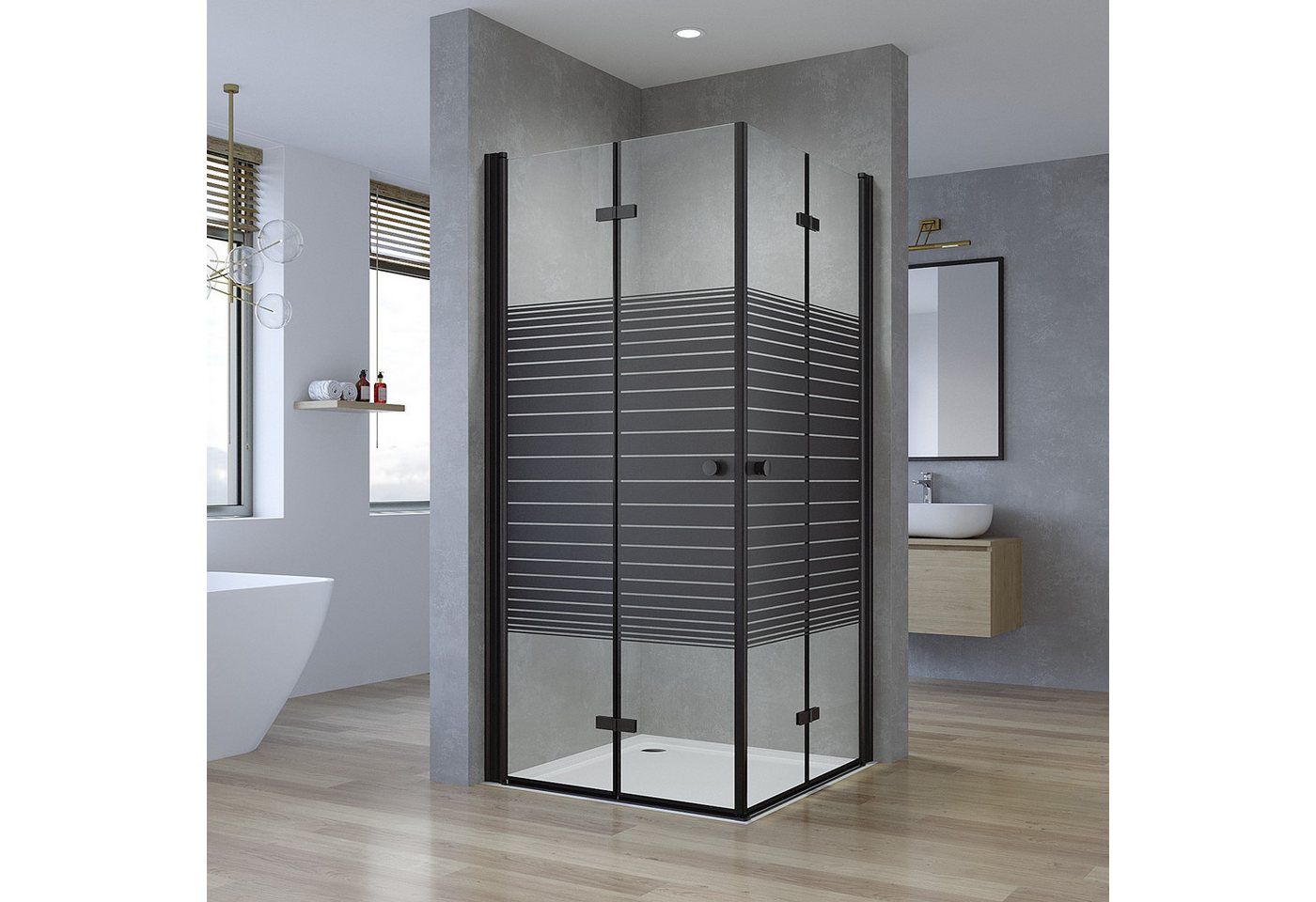AQUALAVOS Eckdusche Duschkabine Ecke Schwarz mit Pendeltüren Klappbar Streifendekor Dusche, BxT: 70x70 cm, 5 mm ESG-Sicherheitsglas, Modernes Loft-Design 15 mm großer Verstellbereich Heb-/Senk-Funktion Bild 2