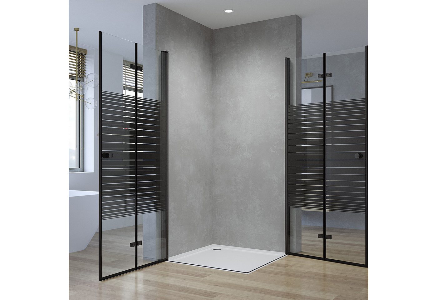 AQUALAVOS Eckdusche Duschkabine Ecke Schwarz mit Pendeltüren Klappbar Streifendekor Dusche, BxT: 70x70 cm, 5 mm ESG-Sicherheitsglas, Modernes Loft-Design 15 mm großer Verstellbereich Heb-/Senk-Funktion Bild 3
