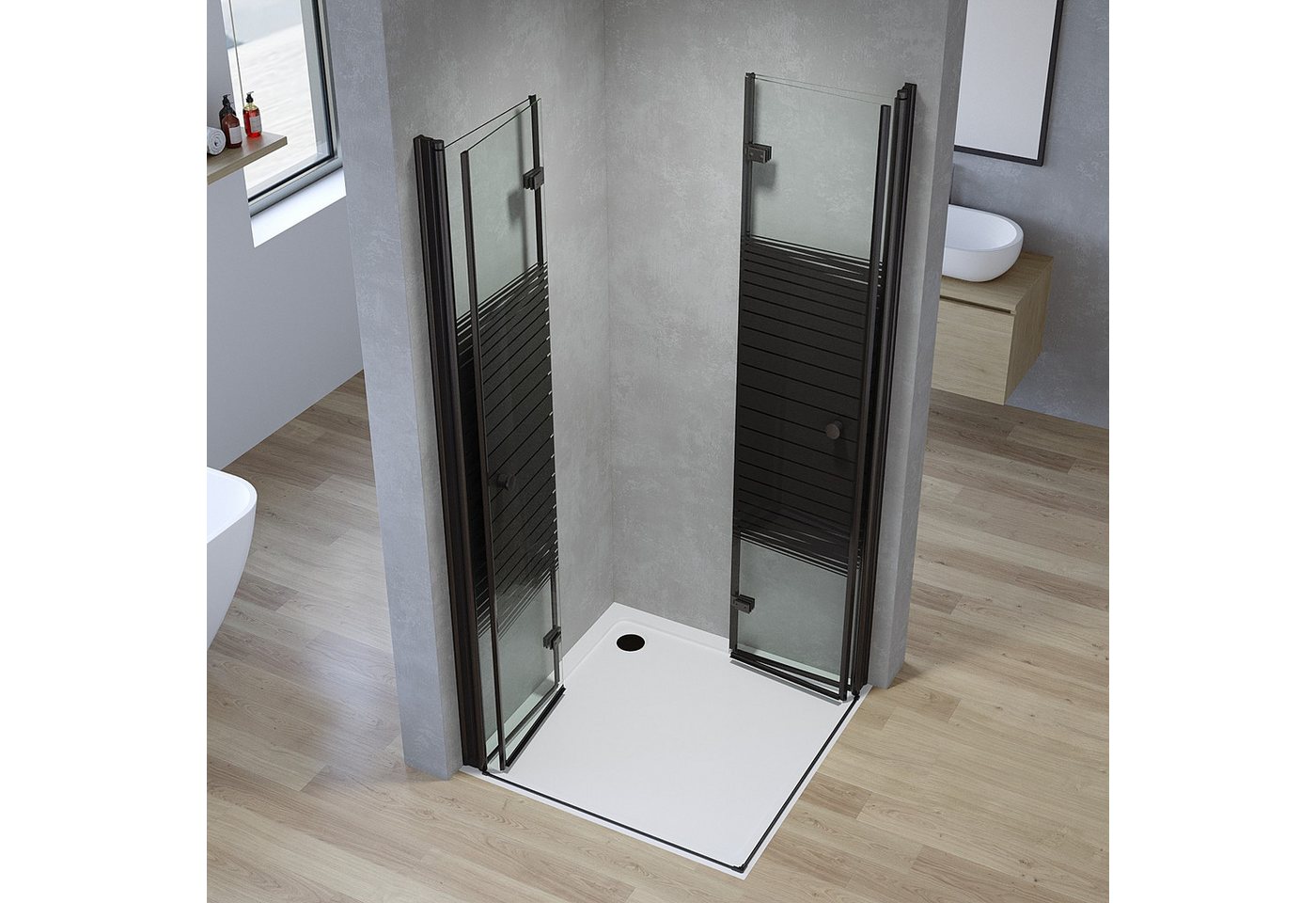AQUALAVOS Eckdusche Duschkabine Ecke Schwarz mit Pendeltüren Klappbar Streifendekor Dusche, BxT: 70x70 cm, 5 mm ESG-Sicherheitsglas, Modernes Loft-Design 15 mm großer Verstellbereich Heb-/Senk-Funktion Bild 4