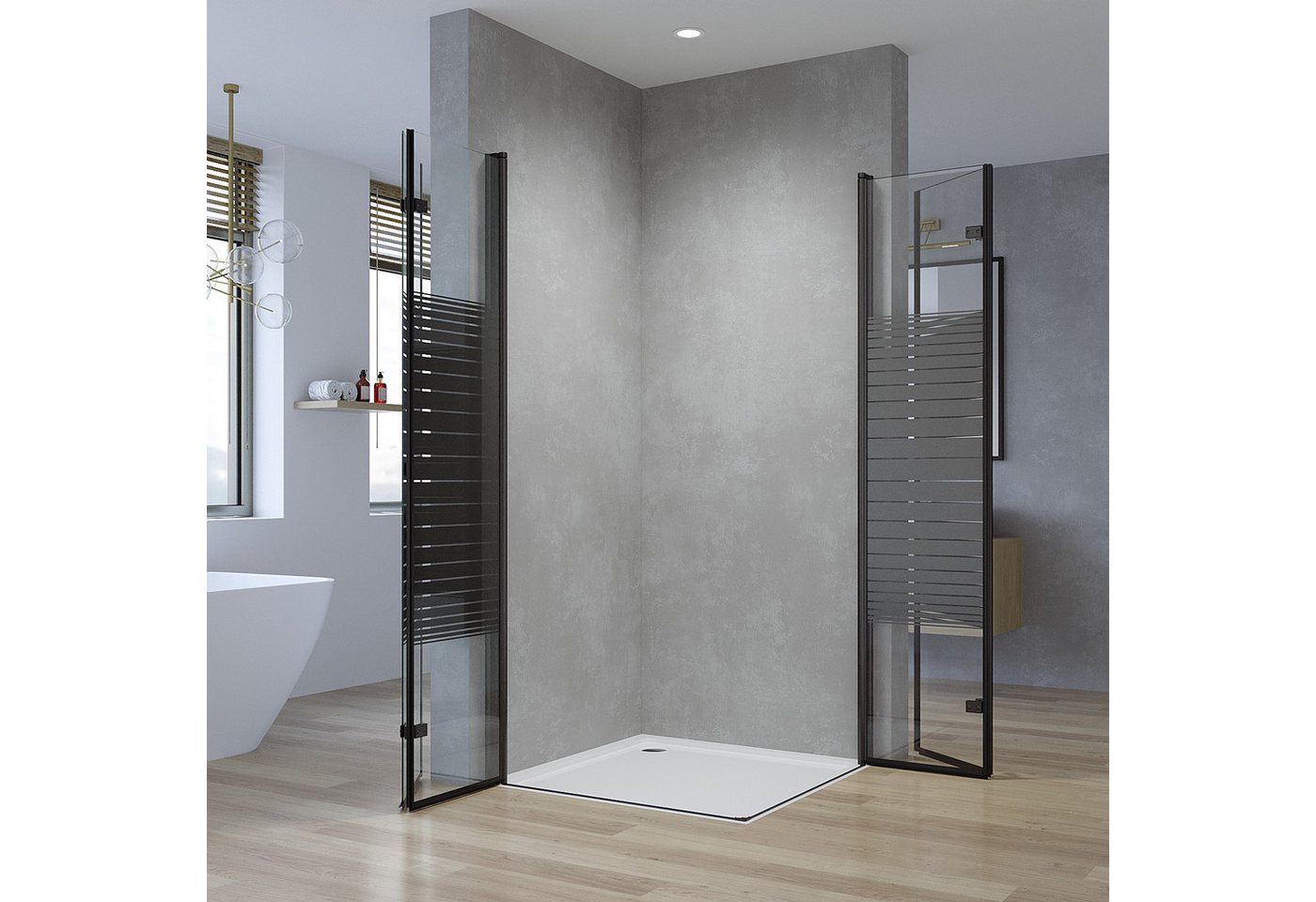 AQUALAVOS Eckdusche Duschkabine Ecke Schwarz mit Pendeltüren Klappbar Streifendekor Dusche, BxT: 70x70 cm, 5 mm ESG-Sicherheitsglas, Modernes Loft-Design 15 mm großer Verstellbereich Heb-/Senk-Funktion Bild 5