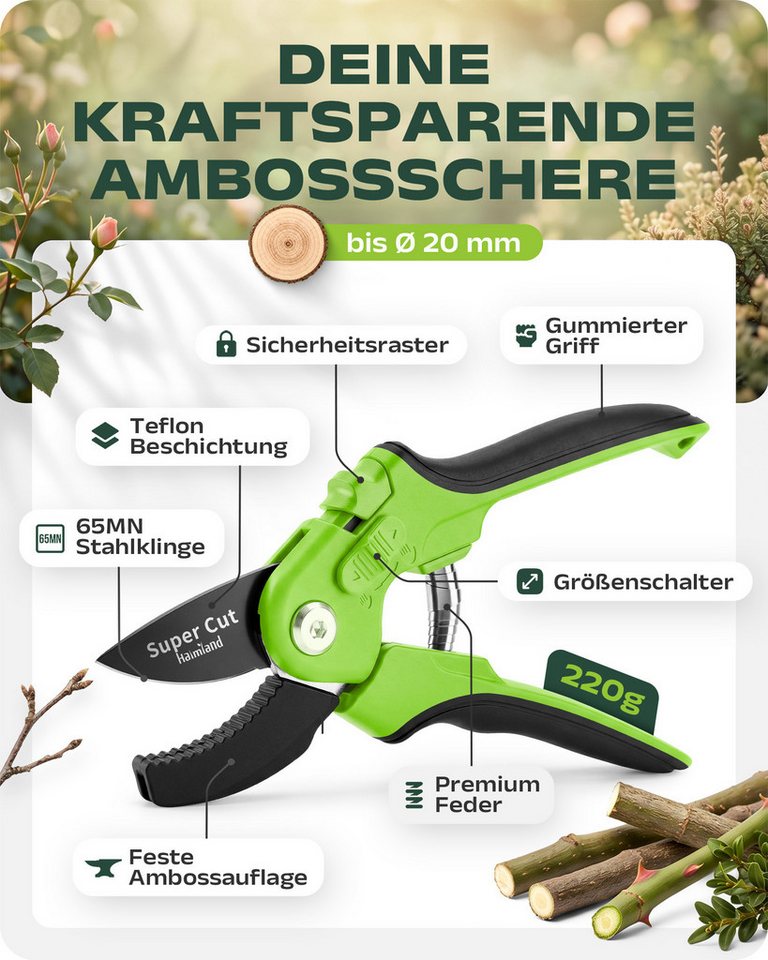 halmland Gartenschere Profi Amboss-Gartenschere – kraftsparend Äste bis 20 mm schneiden Bild 2