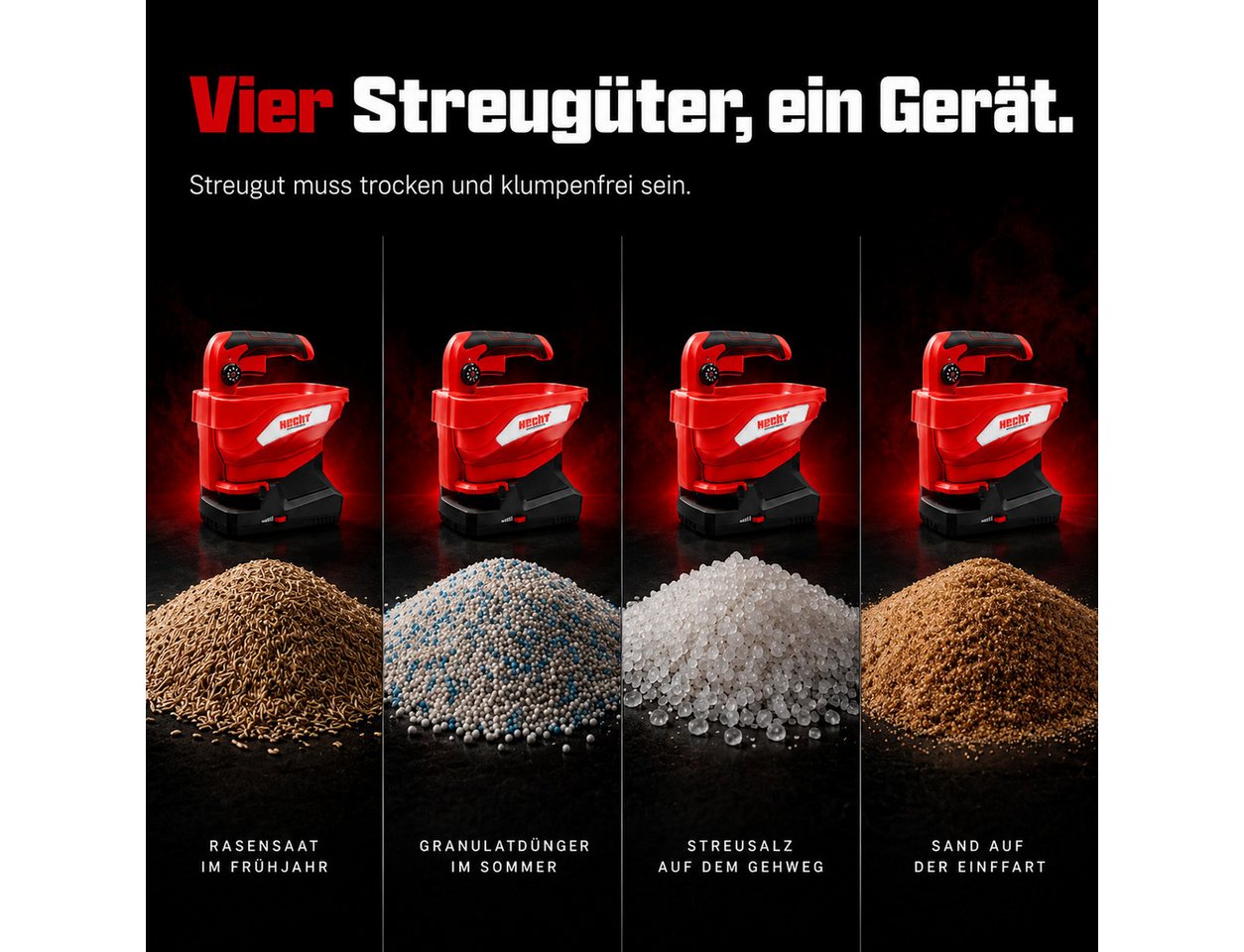 Hecht Handstreuer Akku Universaldstreuer Düngerstreuer 3,3 Liter, 5m Streubreite, 3,3 l Füllmenge, 7,2V mit USB-C Kabel, Salzstreuer 900-220 U/min