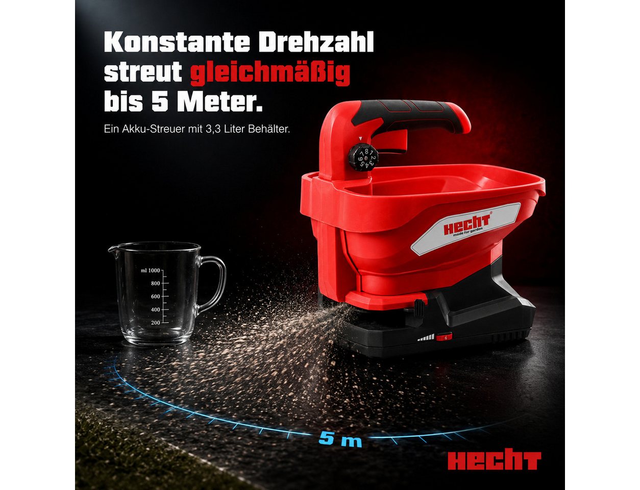 Hecht Handstreuer Akku Universaldstreuer Düngerstreuer 3,3 Liter, 5m Streubreite, 3,3 l Füllmenge, 7,2V mit USB-C Kabel, Salzstreuer 900-220 U/min Bild 5