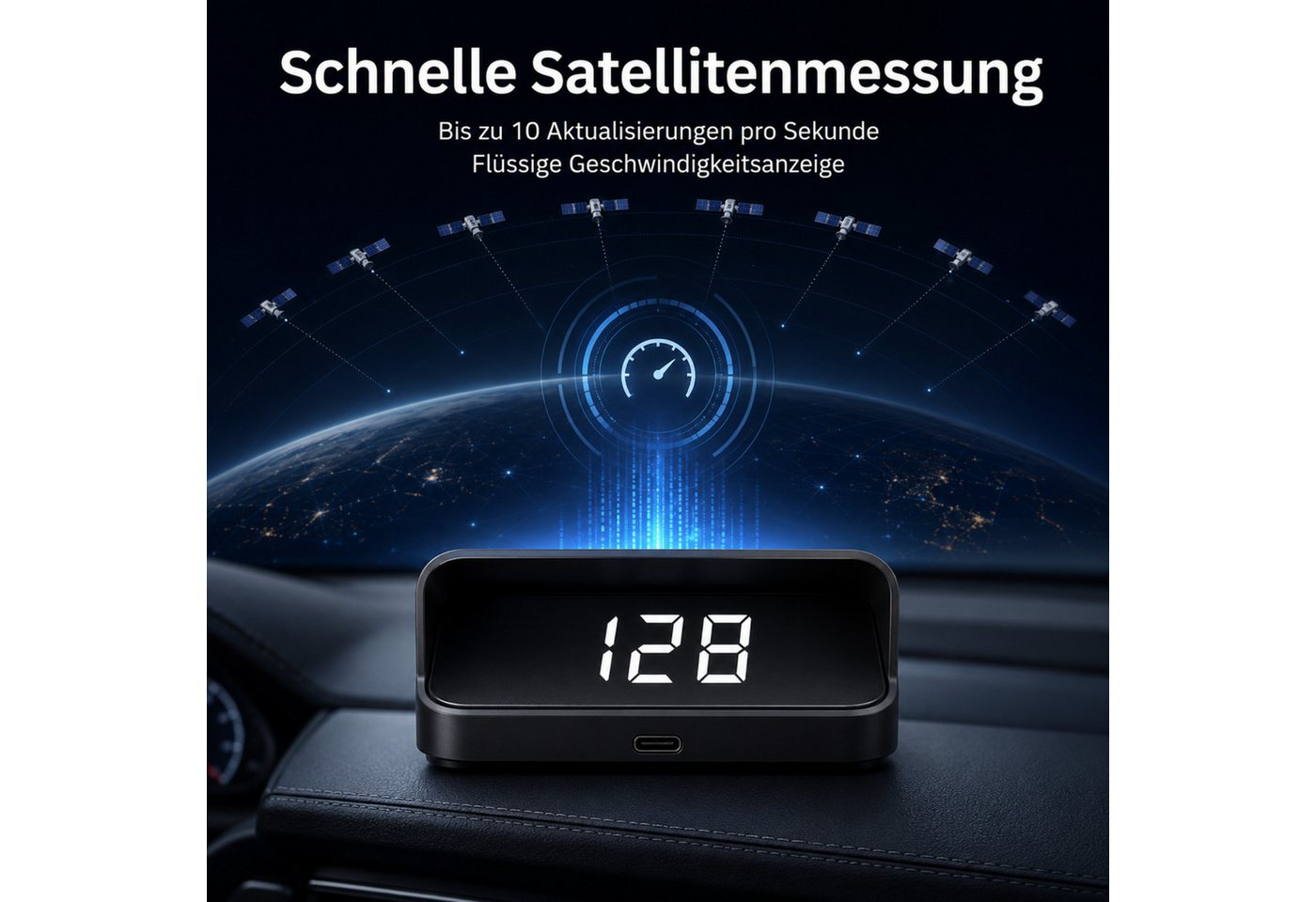 HS.SUPPLY Head Up Display GPS HUD Tacho Auto Geschwindigkeitsanzeige Head-Up Display USB-C, Komplett-Set, 5-teiliges Set, Lichtsensor, Automatisches Ein- & Ausschalten, hohe Genauigkeit Bild 2