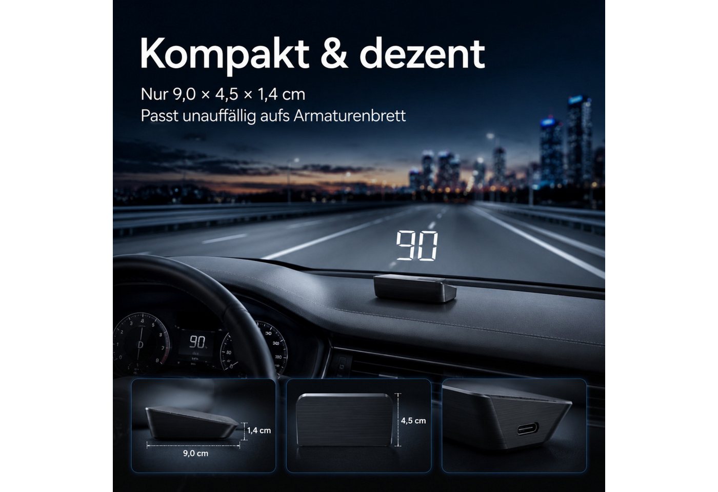 HS.SUPPLY Head Up Display GPS HUD Tacho Auto Geschwindigkeitsanzeige Head-Up Display USB-C, Komplett-Set, 5-teiliges Set, Lichtsensor, Automatisches Ein- & Ausschalten, hohe Genauigkeit Bild 3
