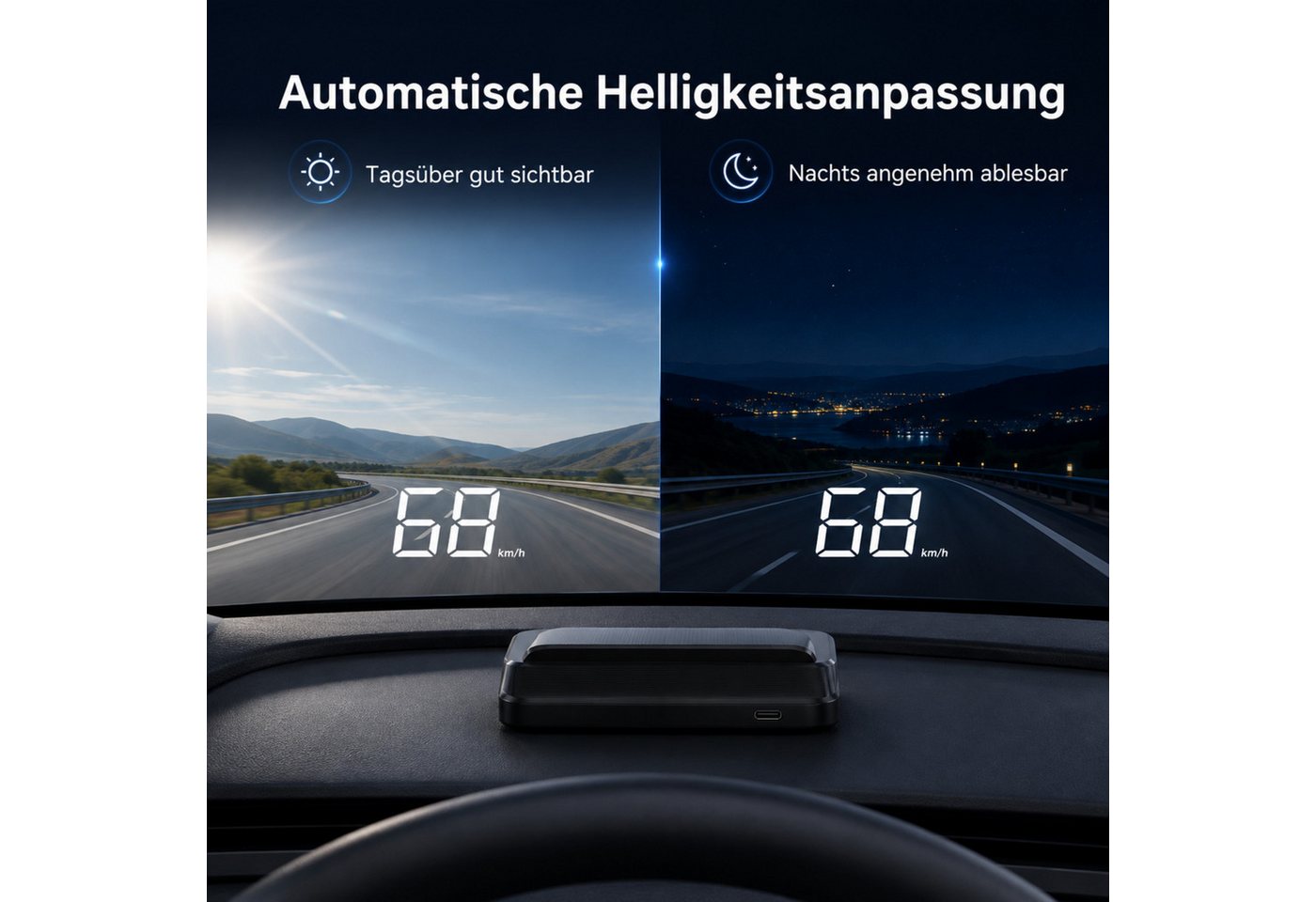 HS.SUPPLY Head Up Display GPS HUD Tacho Auto Geschwindigkeitsanzeige Head-Up Display USB-C, Komplett-Set, 5-teiliges Set, Lichtsensor, Automatisches Ein- & Ausschalten, hohe Genauigkeit Bild 5