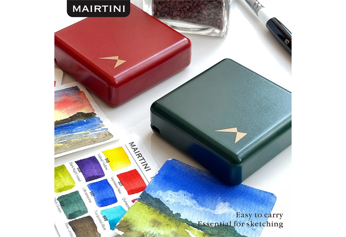Mairtini Aquarellfarbe Set - 9 intensive Farben im mini stylischen grün/ rot/ rosa Reiseetui, Ideal für unterwegs & kreative Momente