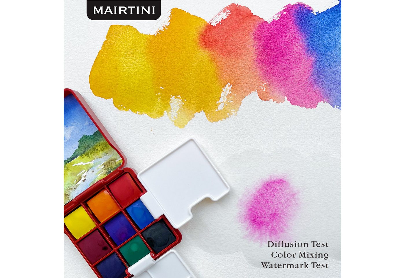 Mairtini Aquarellfarbe Set - 9 intensive Farben im mini stylischen grün/ rot/ rosa Reiseetui, Ideal für unterwegs & kreative Momente Bild 2