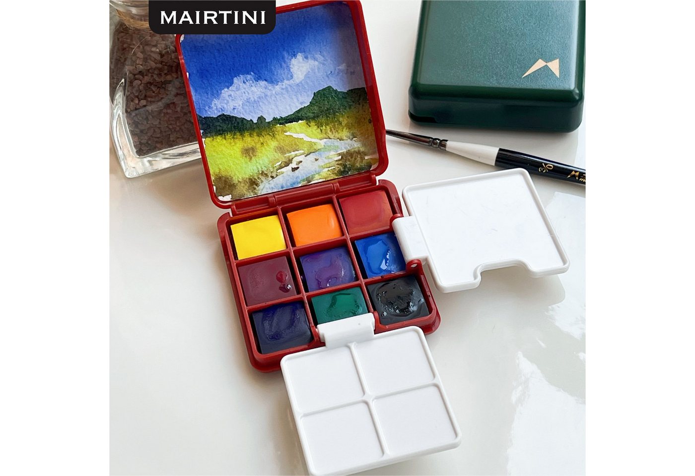 Mairtini Aquarellfarbe Set - 9 intensive Farben im mini stylischen grün/ rot/ rosa Reiseetui, Ideal für unterwegs & kreative Momente Bild 5