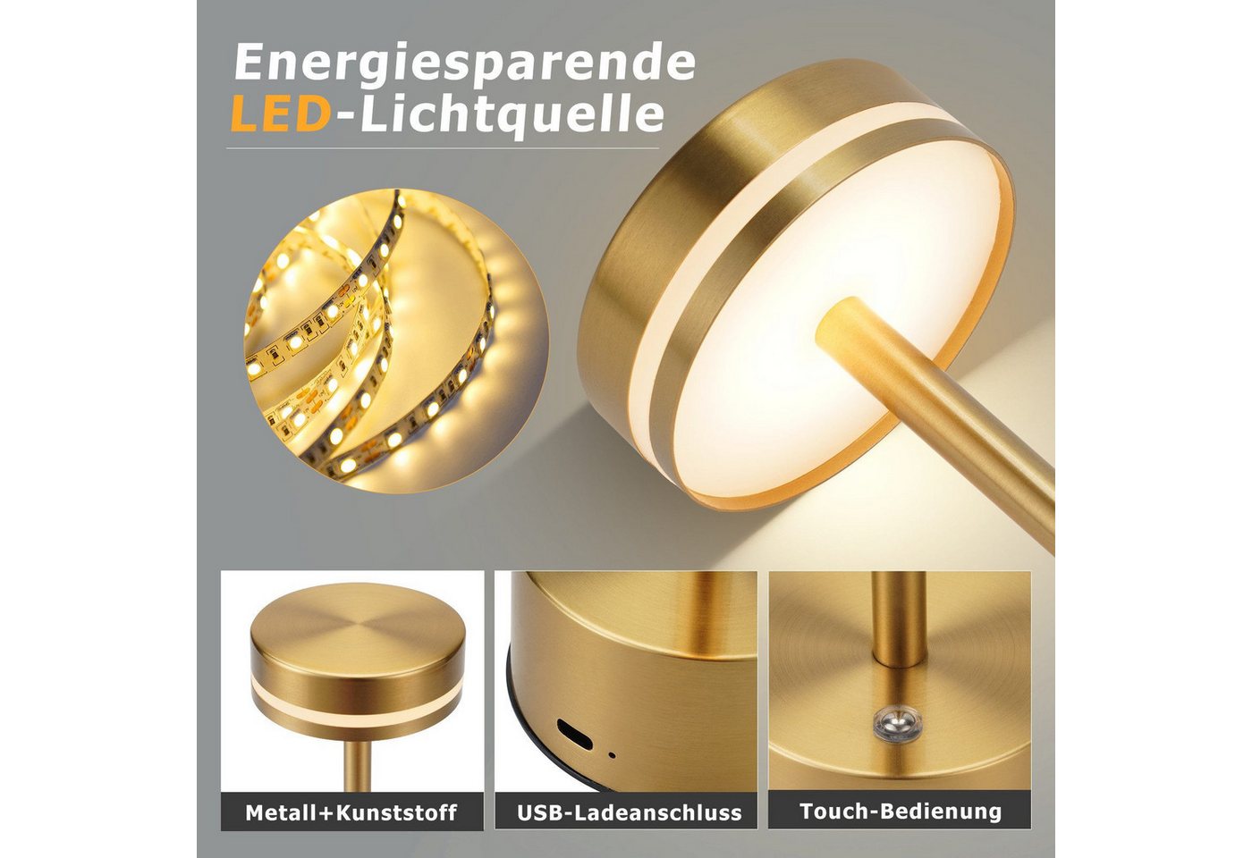 Nettlife LED Tischleuchte Kabellos Akku Aufladbar Nachttischlampe Dimmbar USB C Touch Lampe, Touch Dimmbar, LED fest integriert, Modern Tischlampe für Schlafzimmer Esszimmer Büro