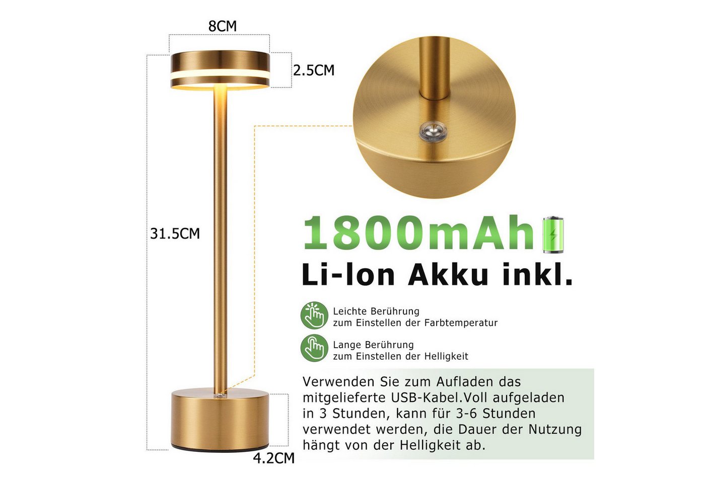 Nettlife LED Tischleuchte Kabellos Akku Aufladbar Nachttischlampe Dimmbar USB C Touch Lampe, Touch Dimmbar, LED fest integriert, Modern Tischlampe für Schlafzimmer Esszimmer Büro Bild 3