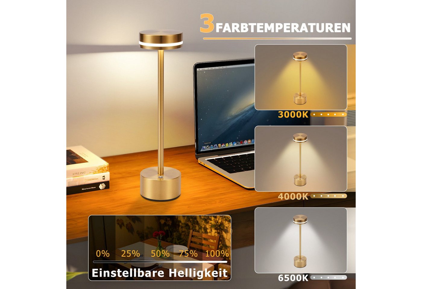 Nettlife LED Tischleuchte Kabellos Akku Aufladbar Nachttischlampe Dimmbar USB C Touch Lampe, Touch Dimmbar, LED fest integriert, Modern Tischlampe für Schlafzimmer Esszimmer Büro Bild 5