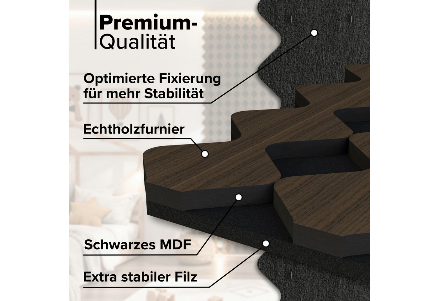 AKUSTIKO Wanddekoobjekt Diamond (Akustikpaneele Shaped 10 Stück 280x34cm Holz MDF - XXL Wandpaneele Platten Lamellen Holzpaneele Echtholzfurnier 21mm Filz Schalldämmung MDF Schwarz (9,52m² Diamond) Bild 2