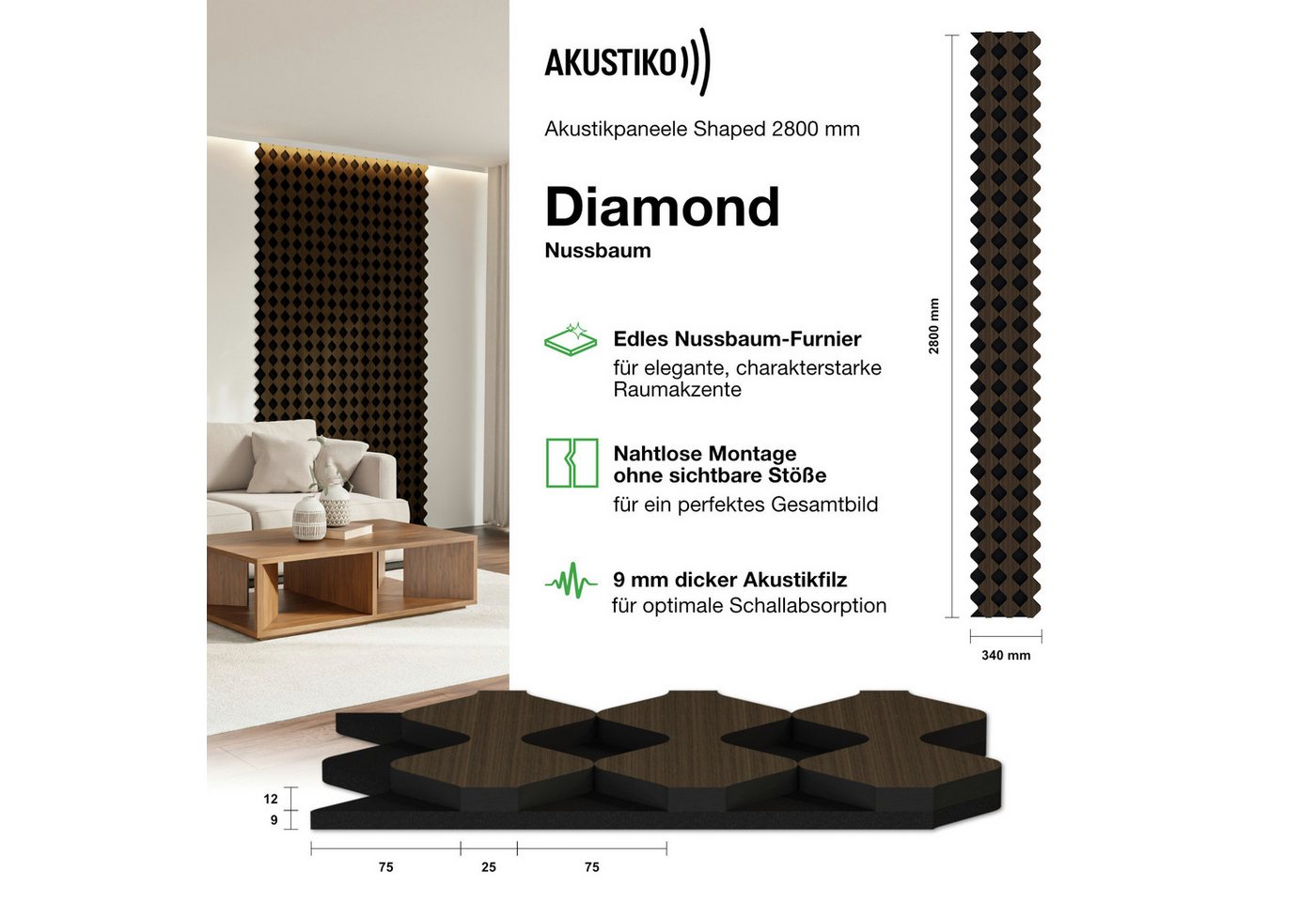 AKUSTIKO Wanddekoobjekt Diamond (Akustikpaneele Shaped 10 Stück 280x34cm Holz MDF - XXL Wandpaneele Platten Lamellen Holzpaneele Echtholzfurnier 21mm Filz Schalldämmung MDF Schwarz (9,52m² Diamond) Bild 3
