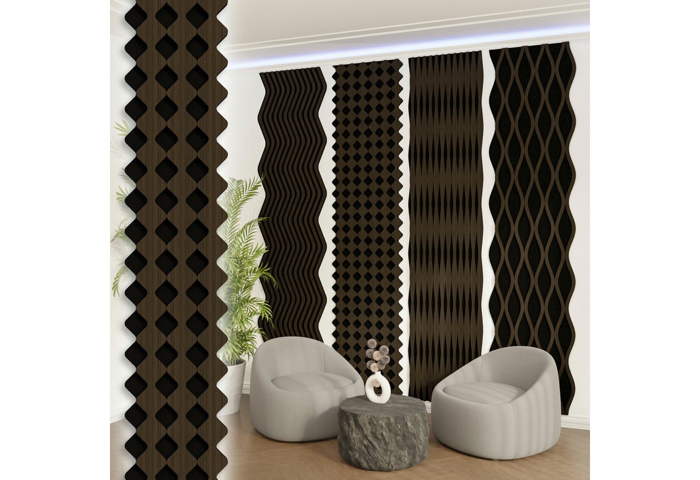 AKUSTIKO Wanddekoobjekt Diamond (Akustikpaneele Shaped 10 Stück 280x34cm Holz MDF - XXL Wandpaneele Platten Lamellen Holzpaneele Echtholzfurnier 21mm Filz Schalldämmung MDF Schwarz (9,52m² Diamond) Bild 4
