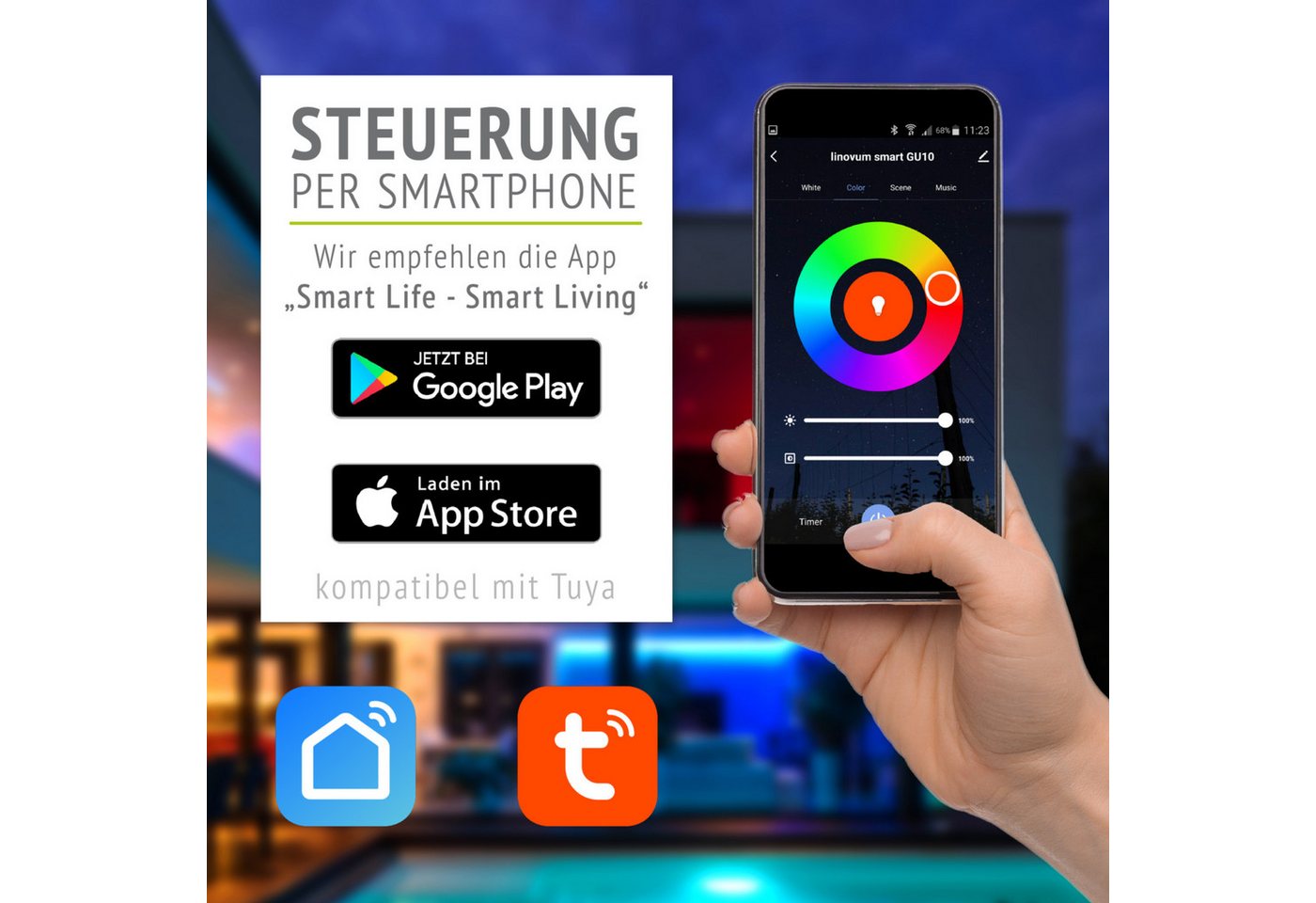 linovum LED Außen-Deckenleuchte ISASO Einbauleuchte IP65 Bad Alu rund Smart Lampe 4W RGB CCT WLAN, Smart