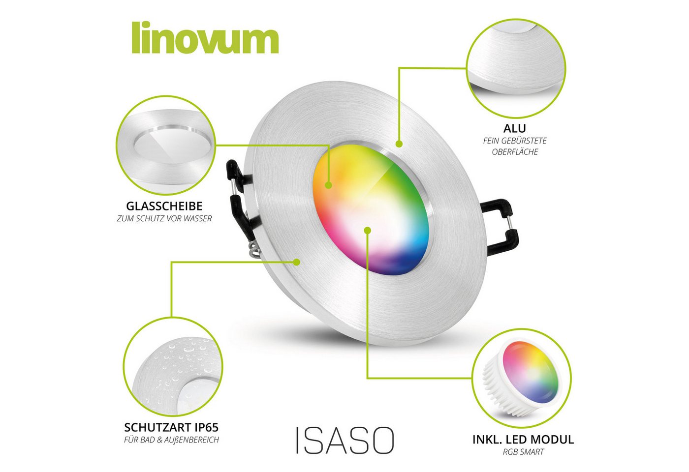 linovum LED Außen-Deckenleuchte ISASO Einbauleuchte IP65 Bad Alu rund Smart Lampe 4W RGB CCT WLAN, Smart Bild 2
