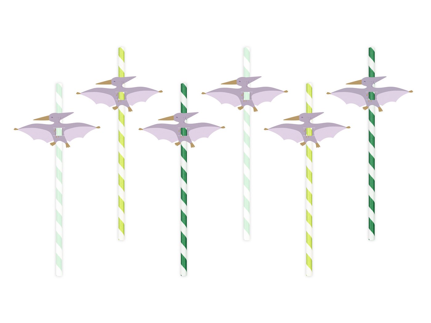 partydeco Trinkhalme, Papierstrohhalme 19cm mit Dino Topper 6er Set Weiß / Grün / Flieder