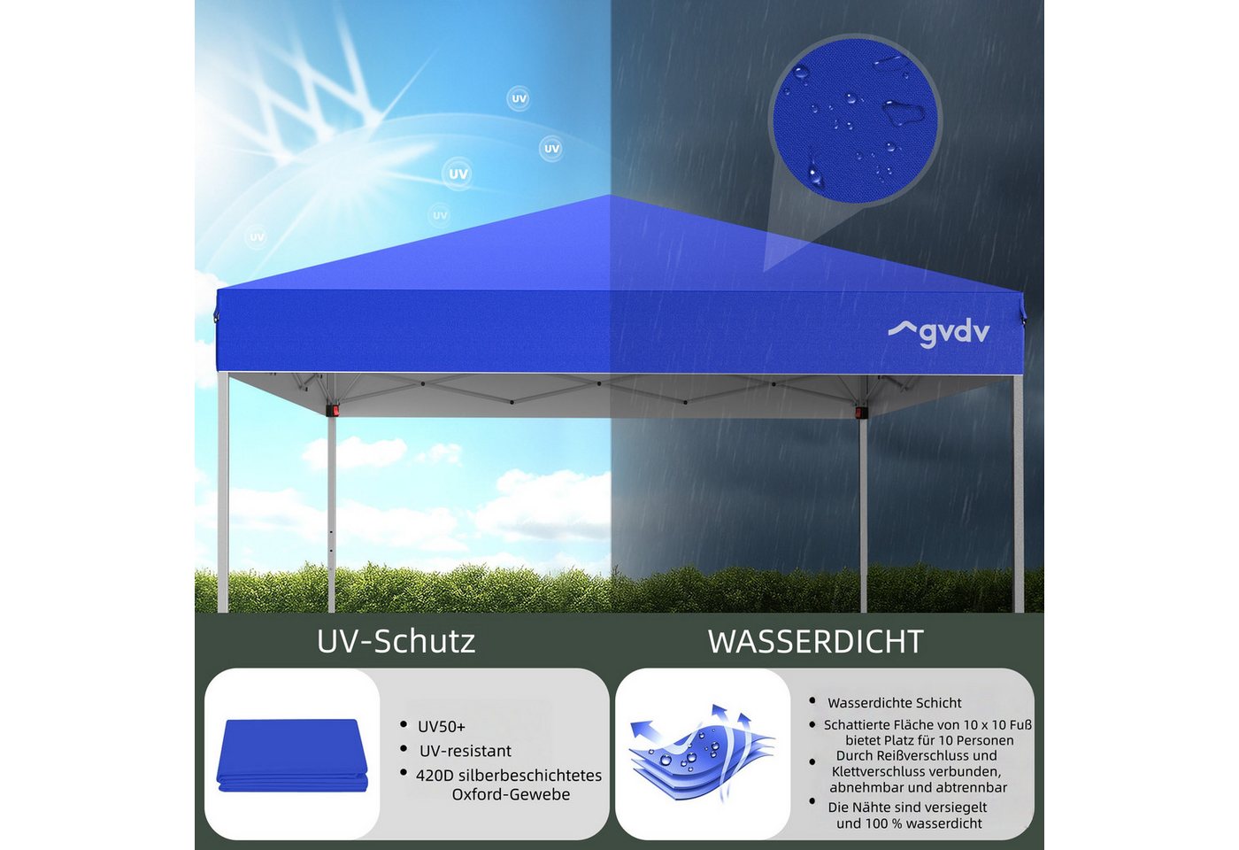 GVDV Pavillon CF13 Lite 3x3m – Wasserdichter Faltpavillon mit UV-Schutz 50+, (Packung, Ideal für den Garten, Camping und Festivals), inkl. Tragetasche & Heringen