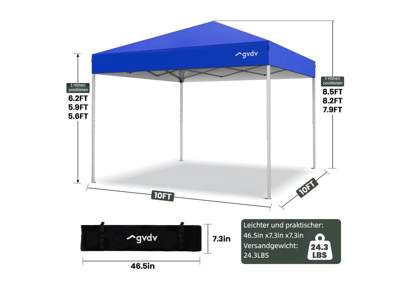 GVDV Pavillon CF13 Lite 3x3m – Wasserdichter Faltpavillon mit UV-Schutz 50+, (Packung, Ideal für den Garten, Camping und Festivals), inkl. Tragetasche & Heringen Bild 3