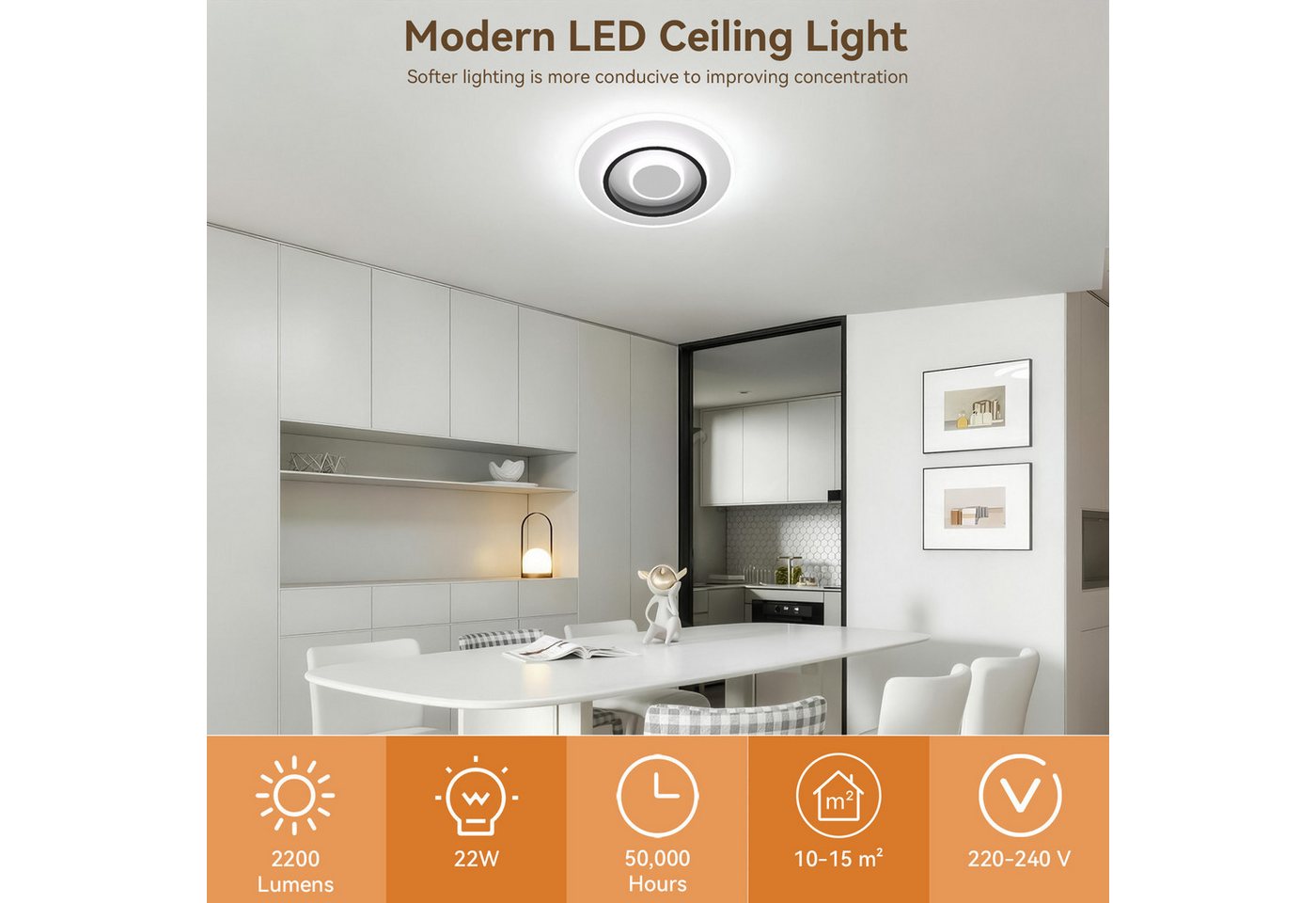BlingBin LED Deckenleuchte Runde Deckenlampe LED Moderne 22W, Minimalistisches Design, 2200LM, LED fest integriert, Warmweiß, Neutralweiß, Kaltweiß, LED Lampen Deckenbeleuchtung Ceiling Light für Wohnzimmer