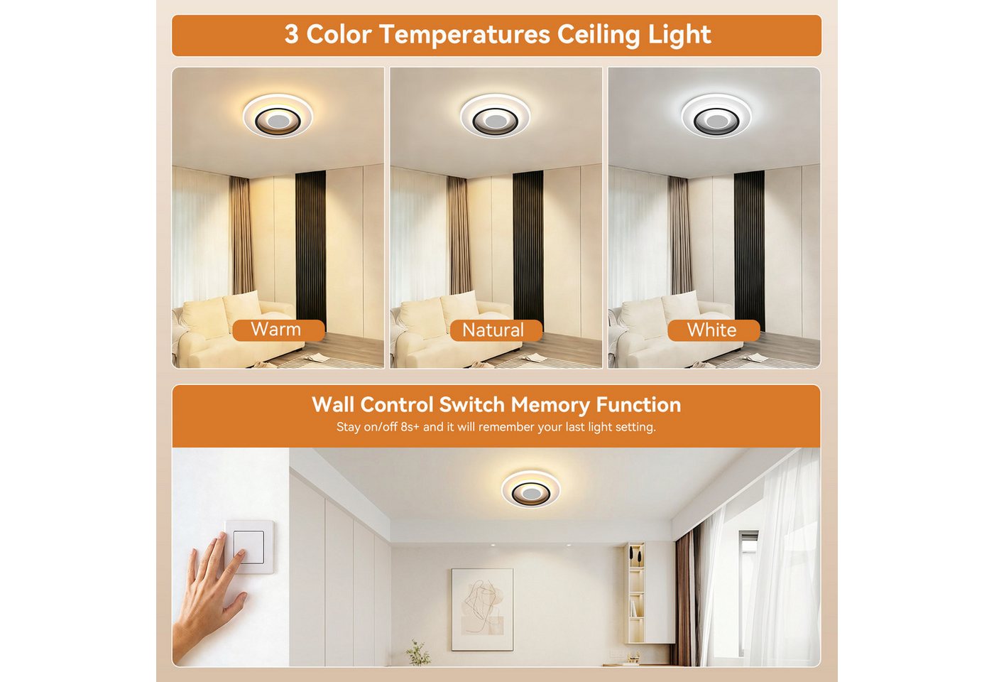 BlingBin LED Deckenleuchte Runde Deckenlampe LED Moderne 22W, Minimalistisches Design, 2200LM, LED fest integriert, Warmweiß, Neutralweiß, Kaltweiß, LED Lampen Deckenbeleuchtung Ceiling Light für Wohnzimmer Bild 5